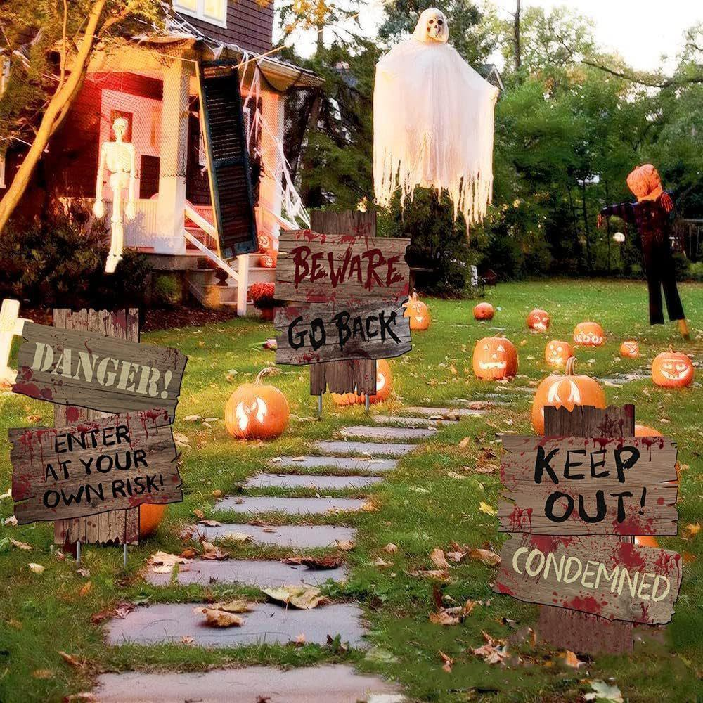 Halloween Decorations Outdoor Beware Yard Signs Stakes, Creepy Warning Blood Signs with Stakes for Halloween, Halloween Party Decor, Scary Zombie Vampire Grave Halloween Decoration image number 4