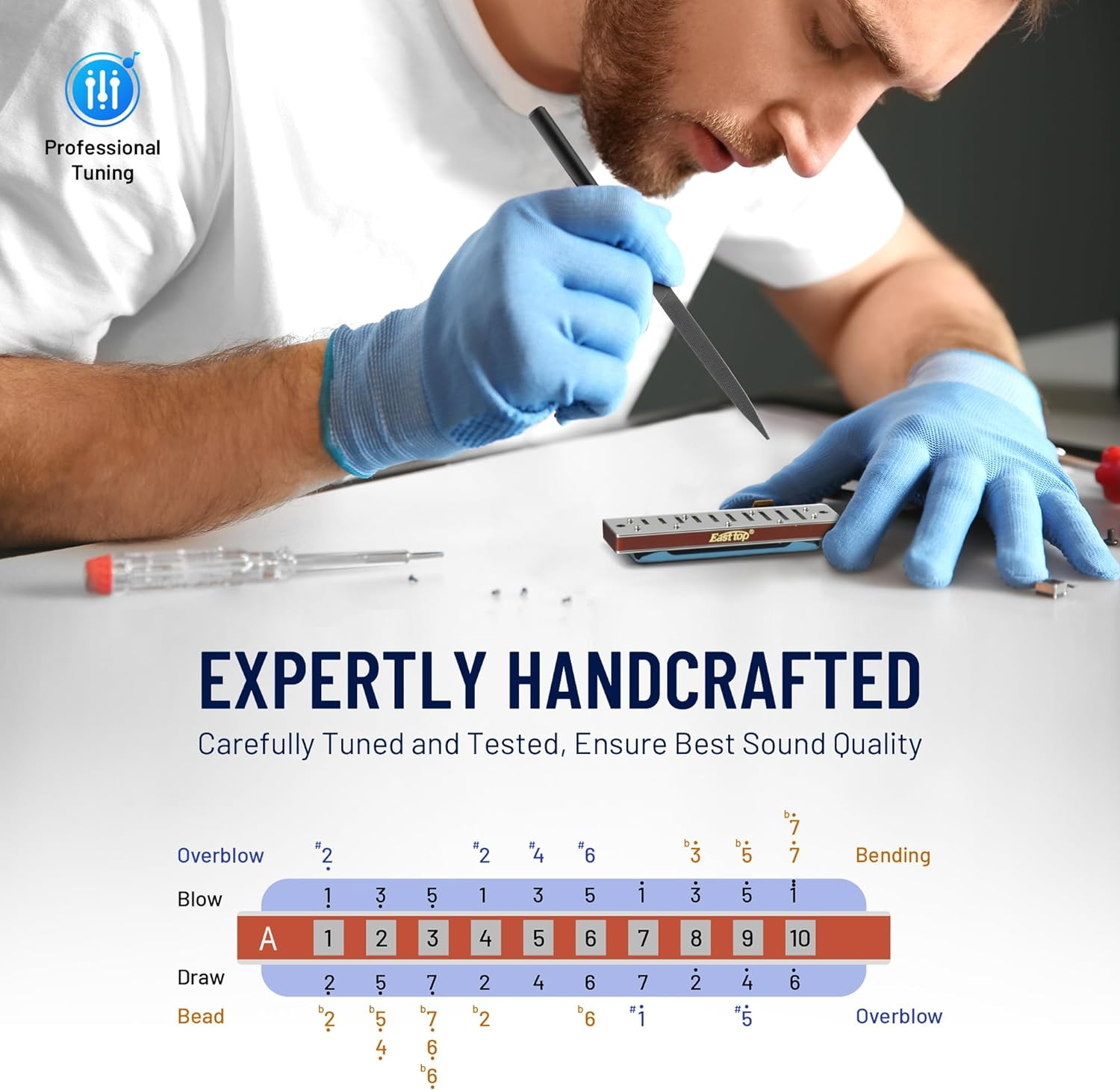 East Top Blues Harmonica Key of A, 10-Hole 20 Tones Mouth Organ Diatonic Harmonica with Blue Case, Standard Harmonicas for Adults, Professionals, Beginner, Students and Kids,As Gift image number 3