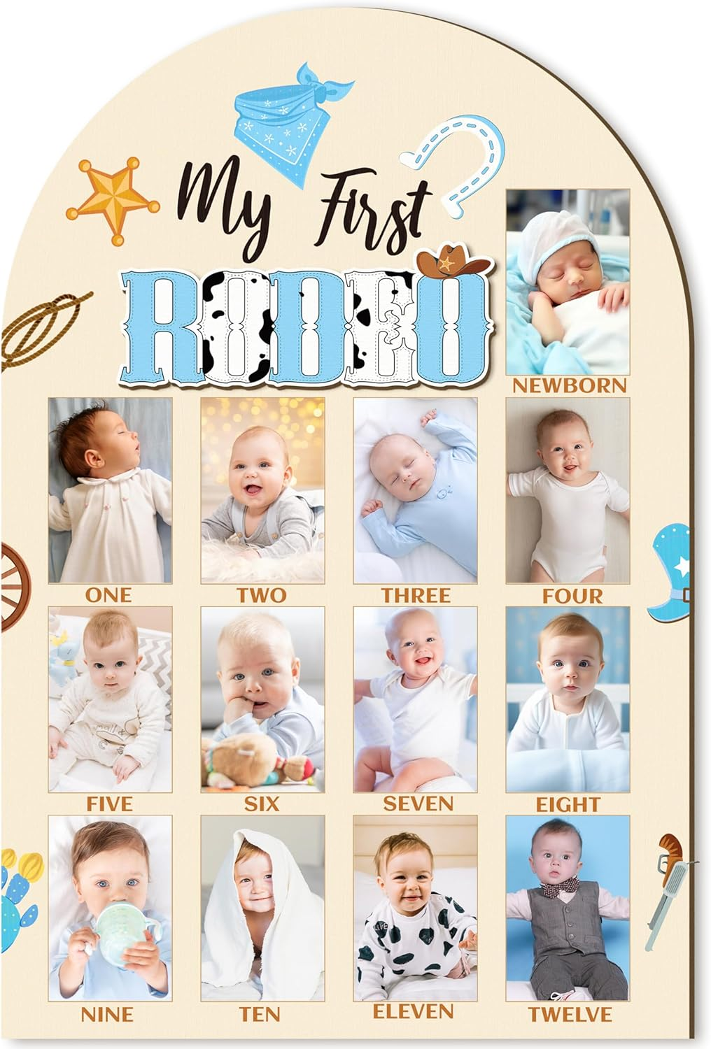R HORSE 3D My First Rodeo Birthday Wood Photo Display Board, Blue Cowboy Baby'S First Year Picture Frame, 1-12 Months Milestone Board Birthday Decorations Keepsake Gift for Baby Boys Nursery Decor image number 3