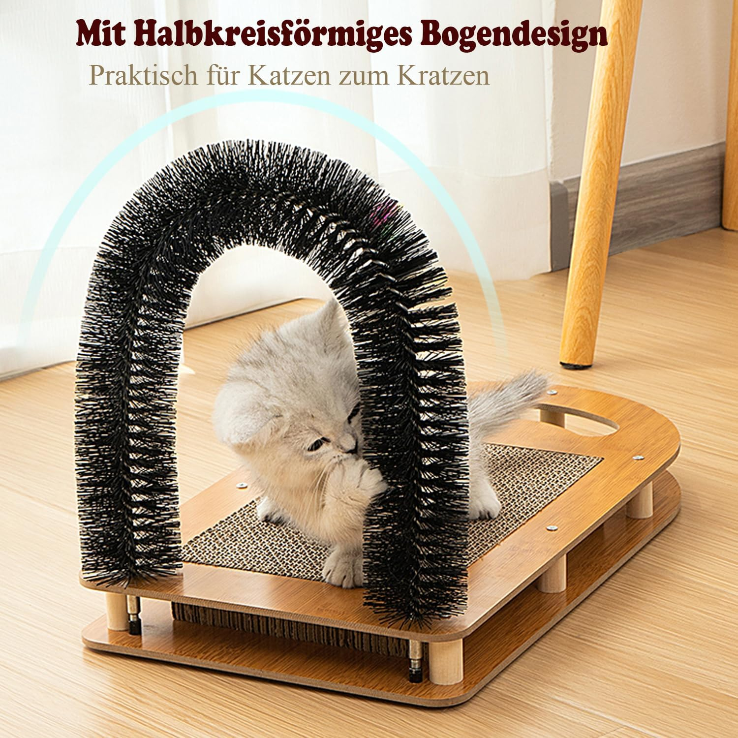 Cat Brush 4 in 1 - Scratching Board, Scratching Arch with Scratching Mats, Care Device with Scratching Pad, Cardboard Scratcher with Bell, Massager, Pet Brush with Interactive Mouse Toy image number 2