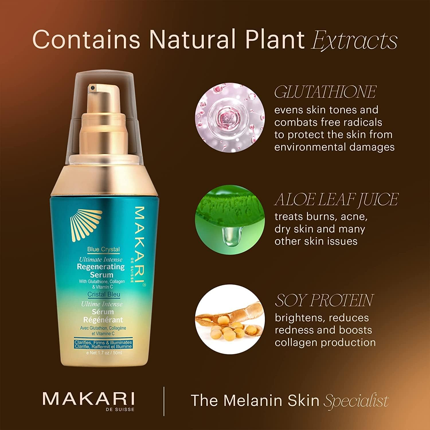 Makari Blue Crystal Regenerating Serum - Vitamin C Serum - Dark Spot Remover for Face Infused with Antioxidants, Glutathione, Vitamin E - 1.7 Oz image number 3