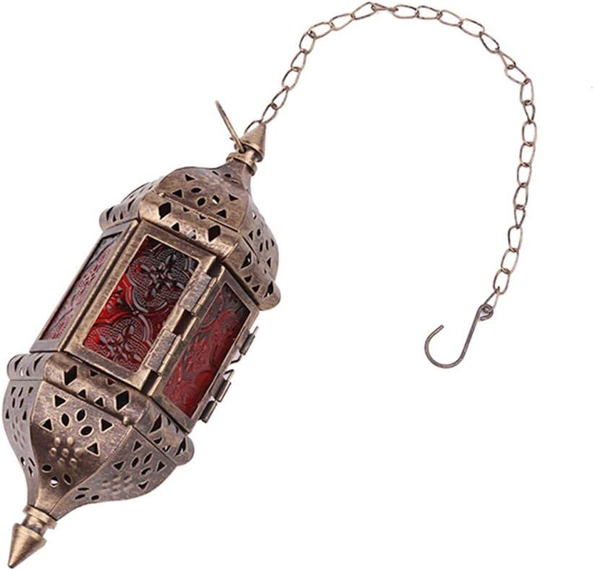 2 Pcs Hanging Hexagon Decorative Moroccan Candle Lantern Holders, Handmade Hanging Tea Light Holder in Bronze Metal & Red & Purple Glass Gift & Decor Items image number 4