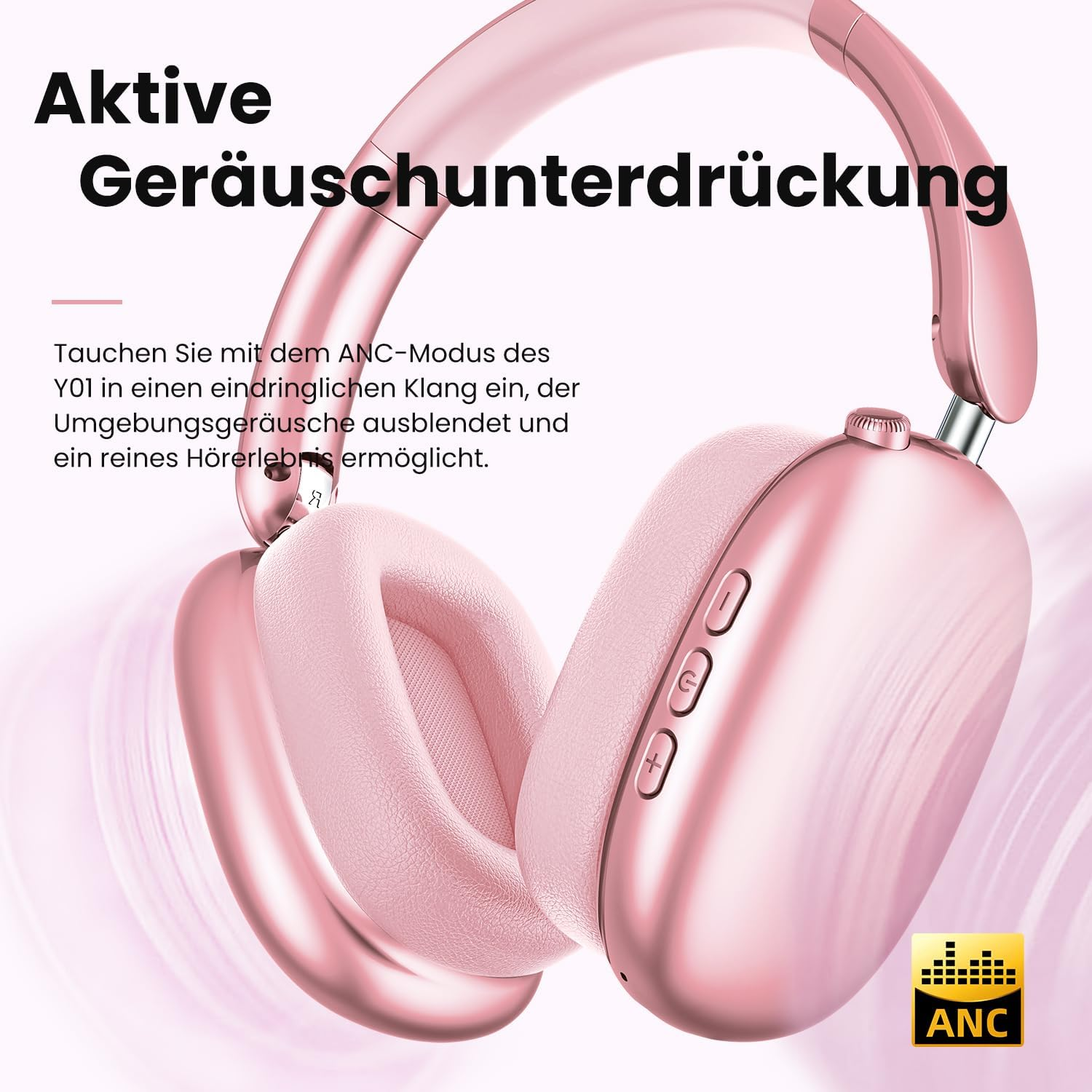 Wentronic Y01 Noise Cancelling Headphones, Wireless Over-Ear Headphones, Bluetooth 5.3, Hi-Res Sound, 48H Playback, Foldable with Microphone for Ios/Android/Pc - Rose image number 2