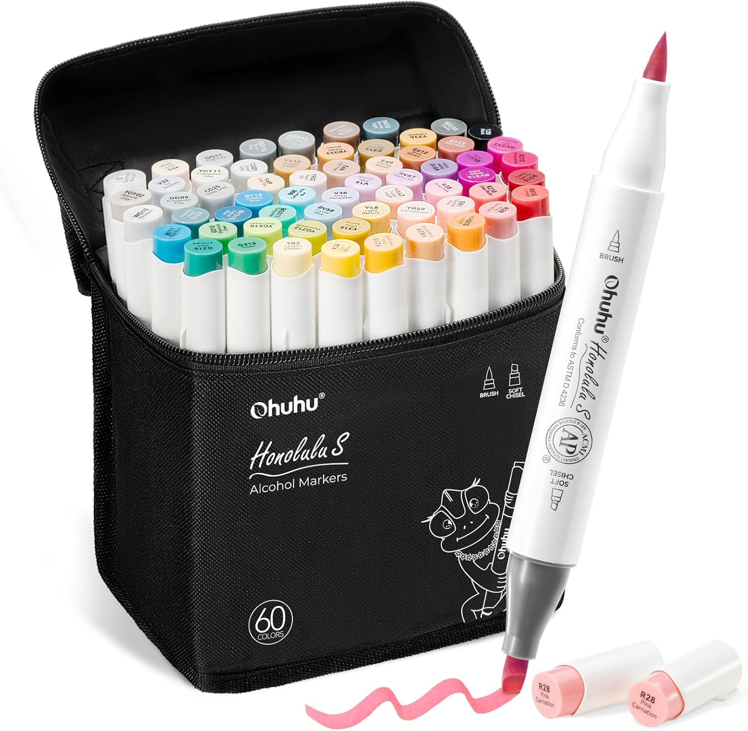 Ohuhu Alcohol Markers Brush Tip: Brush& Soft Chisel 60 Illustration Colors Dual Tips Alcohol-Based Art Marker Set for Artist Adults Coloring Illustrations- Honolulu S- Refillable image number 3