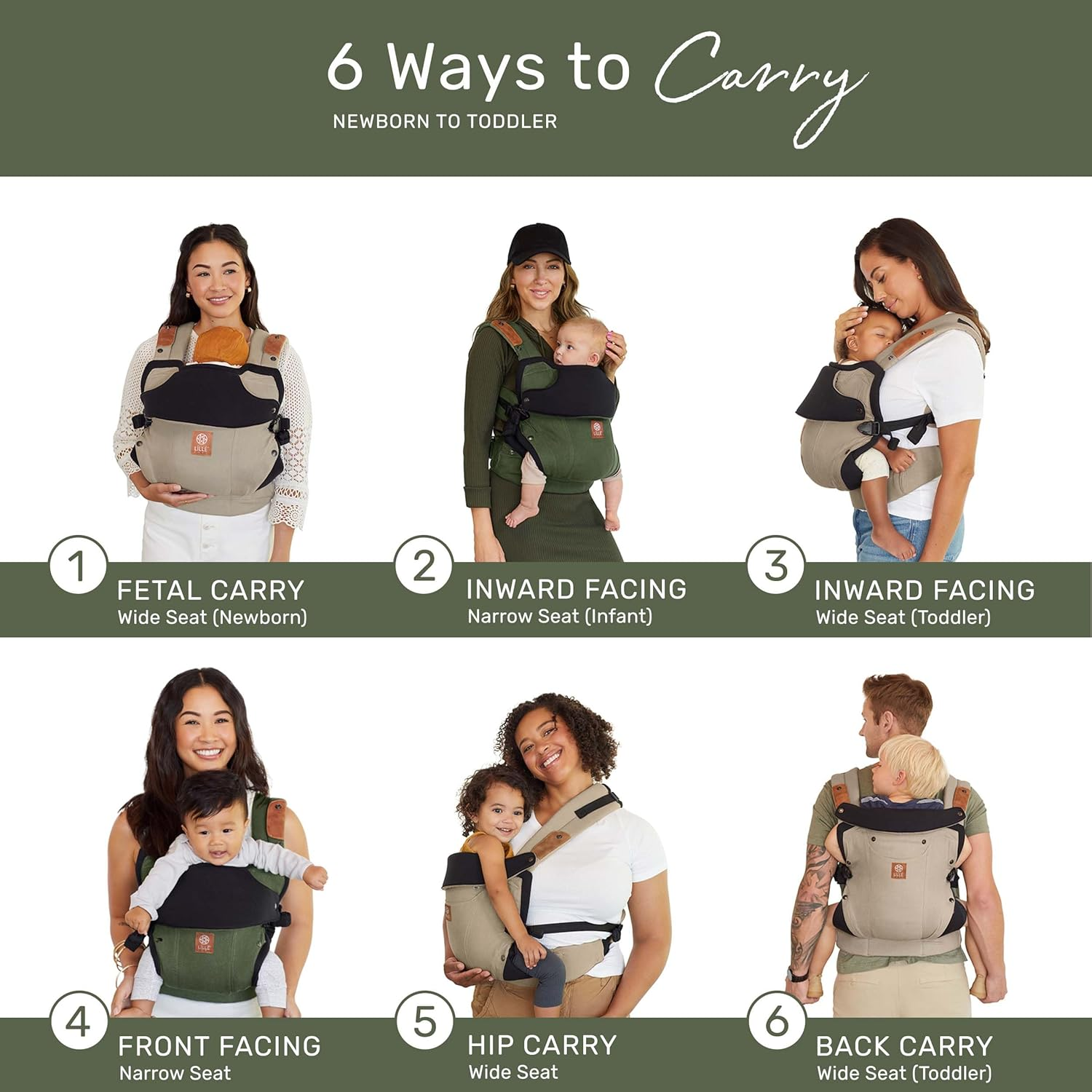 Lillebaby Elevate Baby Carrier (Olive) - Ergonomic, Lightweight and Breathable/Multiposition, Hands Free Baby Carrier, Two-Way Adjustable Straps, Adjustable Head Support, for Newborns and Toddlers image number 2