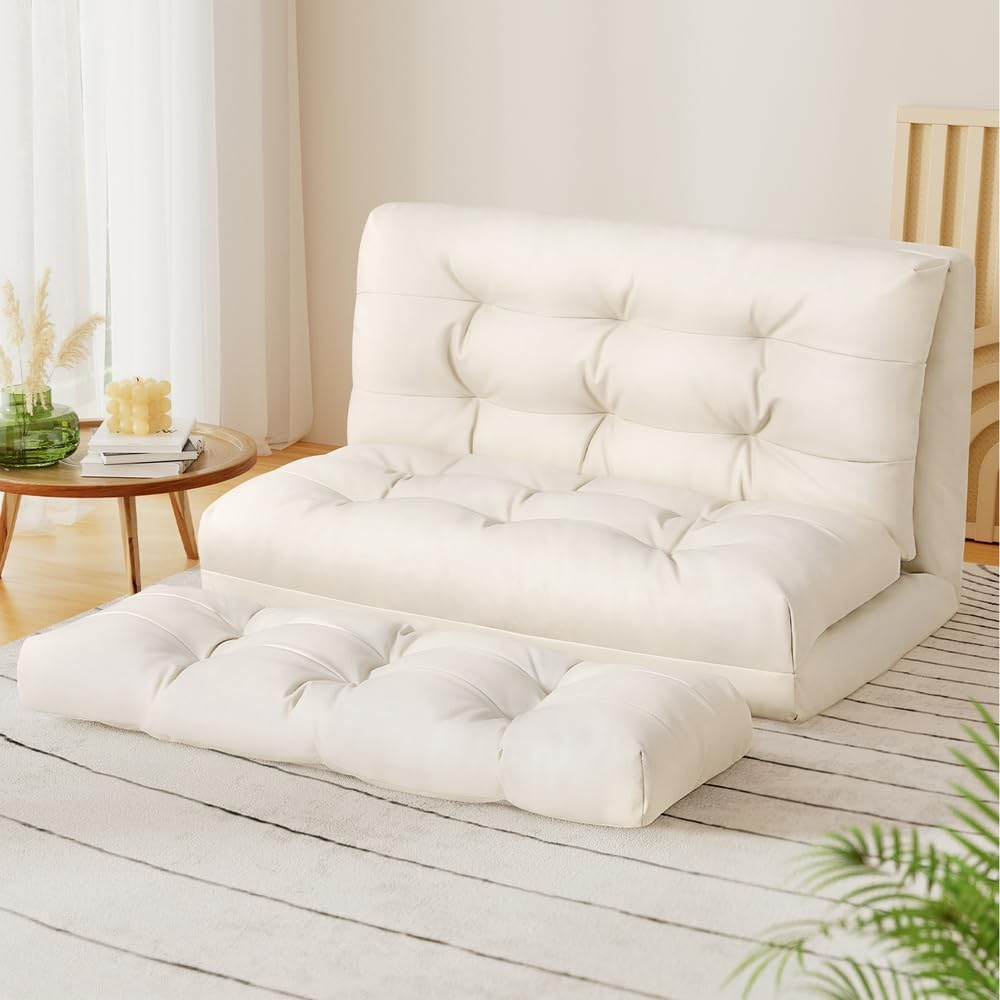 Artiss Floor Lounge Sofa Bed Chair Recliner Chaise Pillow Leather Foldable White image number 2