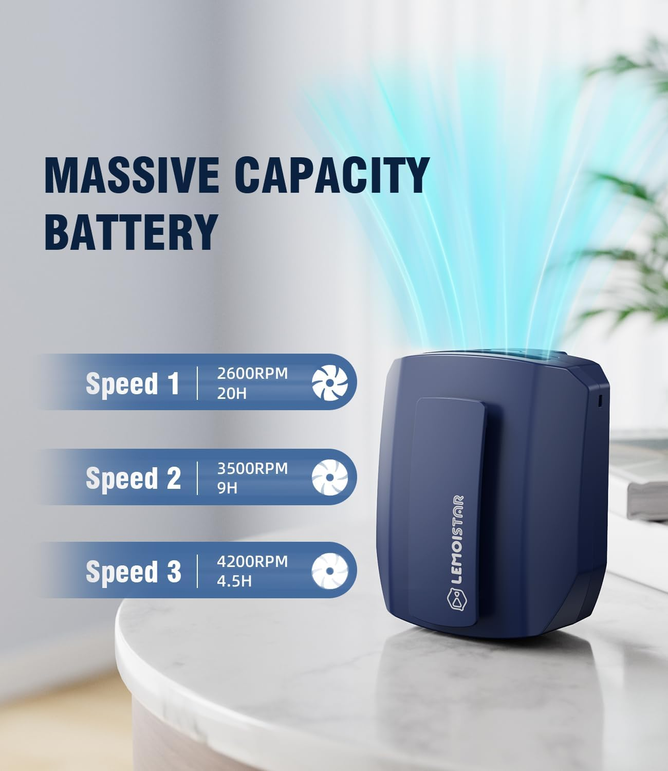 LEMOISTAR Portable Mini Waist Clip Fan, 5000Mah Battery Operated Hand-Free Wearable Necklace Fan, Max 20H Working Time, 3 Speeds, Rechargeable USB Personal Cooling Fan for Garden,Traveling-Blue image number 3