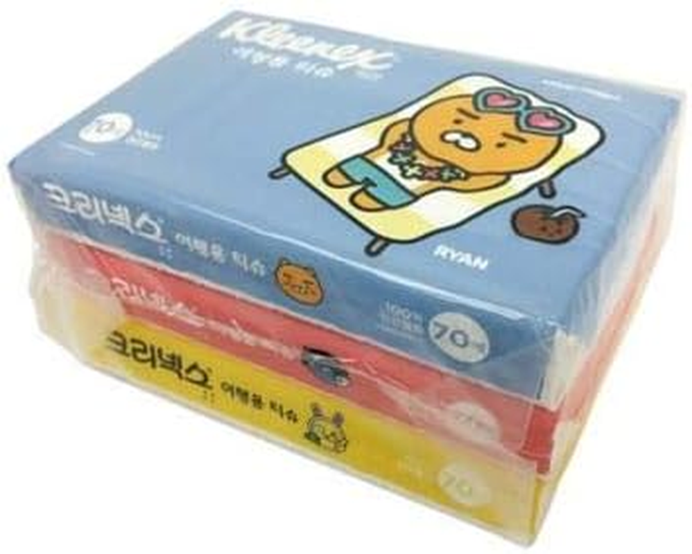 Travel Pocket Tissues Packs (Soft Pack) 70 Counts Each 3Packs, 210 Tissues Total, Cute Character Tissue for Kid, School, Travel, Camping, Office, Car