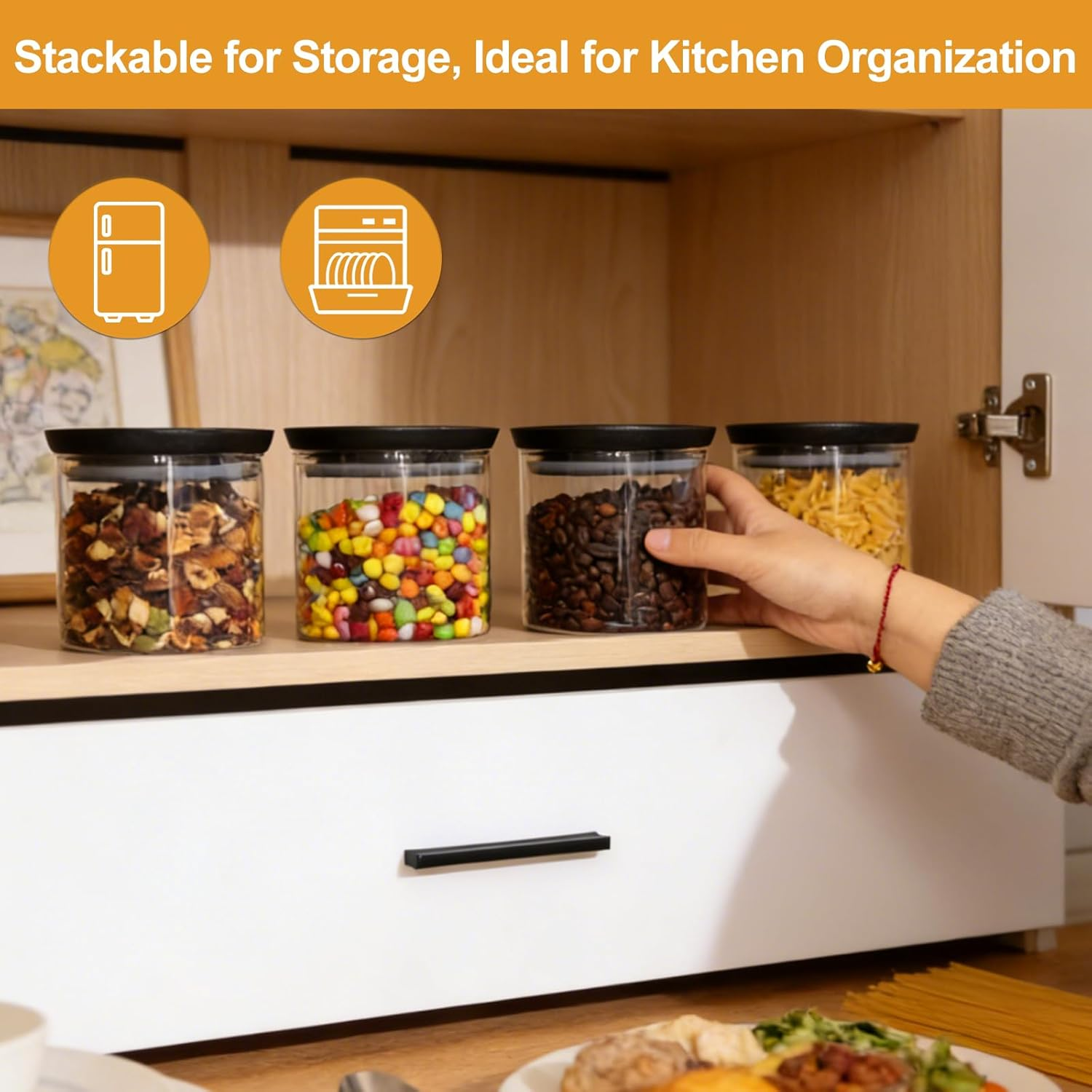 Romon Glass Containers with Lid, Set of 4 Storage Jars Made of Borosilicate Glass, Airtight Storage Jars, Stackable, Transparent for Kitchen, Flour, Coffee and Salt, 600 Ml, Round image number 3