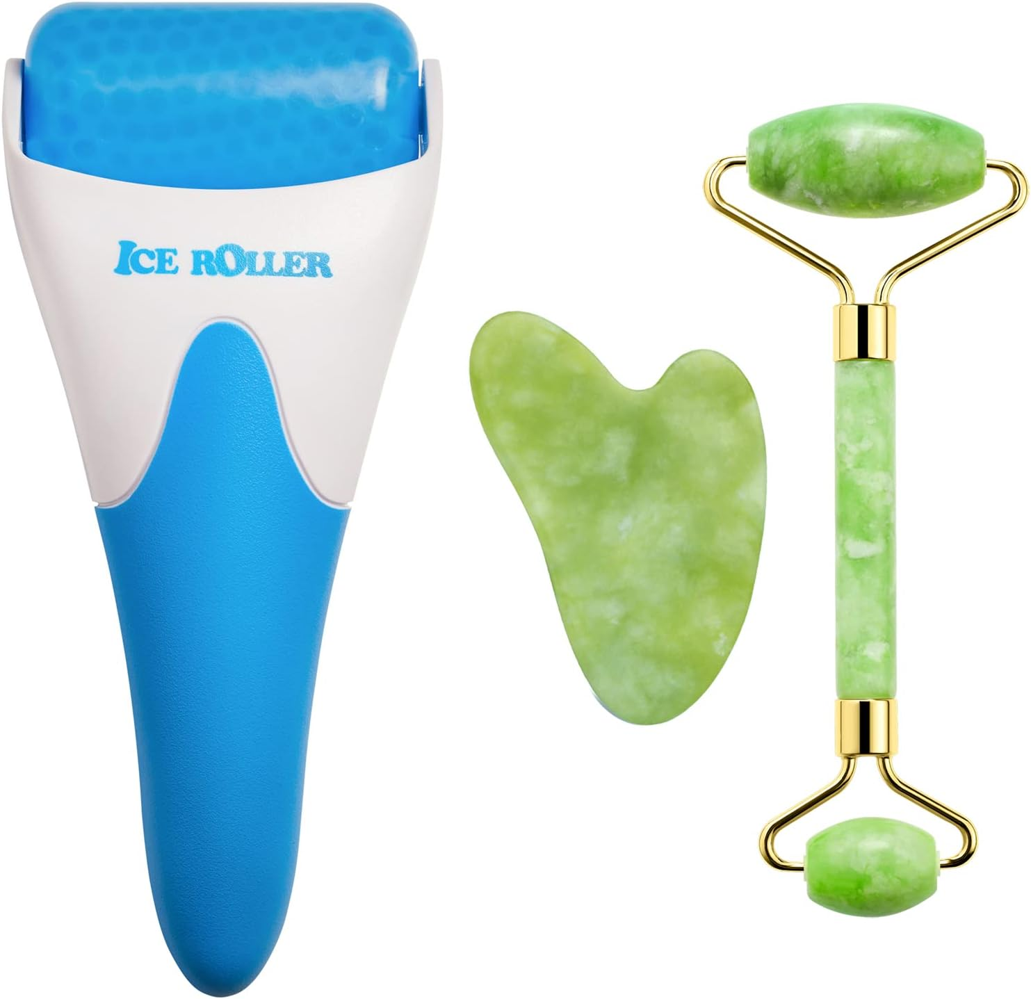 AECW 3-In-1 Natural Jade Roller and Gua Sha Set for Face and Eye Ice Roller Facial Cooling Massage Roller (Light Blue Ice Roller + Jade Roller + Gua Sha)