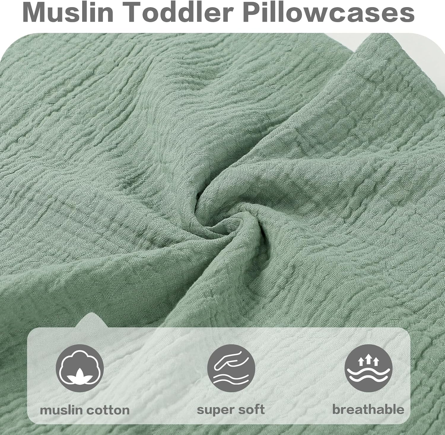 Muslin Toddler Pillowcase for 13 X 18 Pillow, 2 Pack Small Travel Pillow Cases Covers with Envelope Closure, Soft & Breathable Kids Pillowcase for Girls Boys, Apricot & Green - Grey + Green image number 3