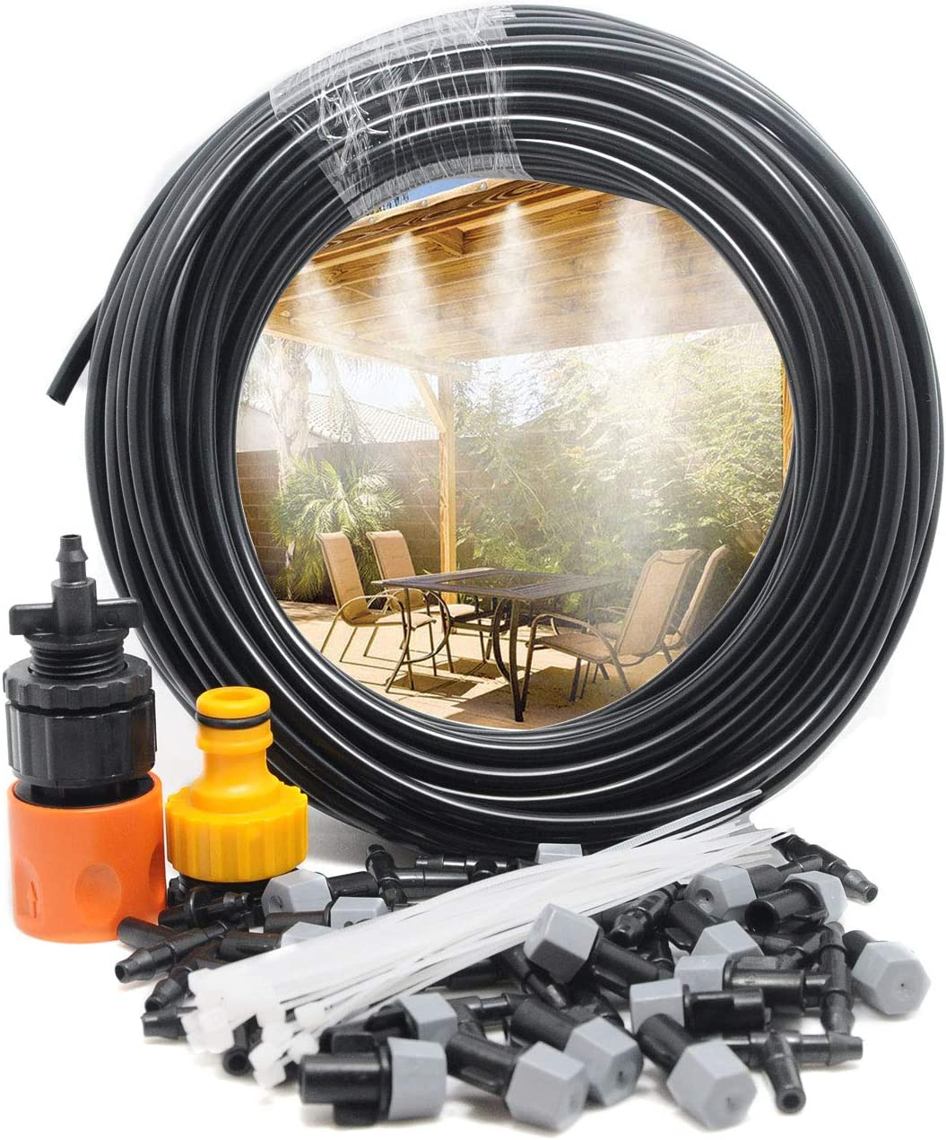 2RZ Misting Cooling System Kit, Irrigation System 82FT(25M) Misting Line DIY Outdoor +25 Plastic Mist Nozzle for Lawn Patio Garden Greenhouse image number 6