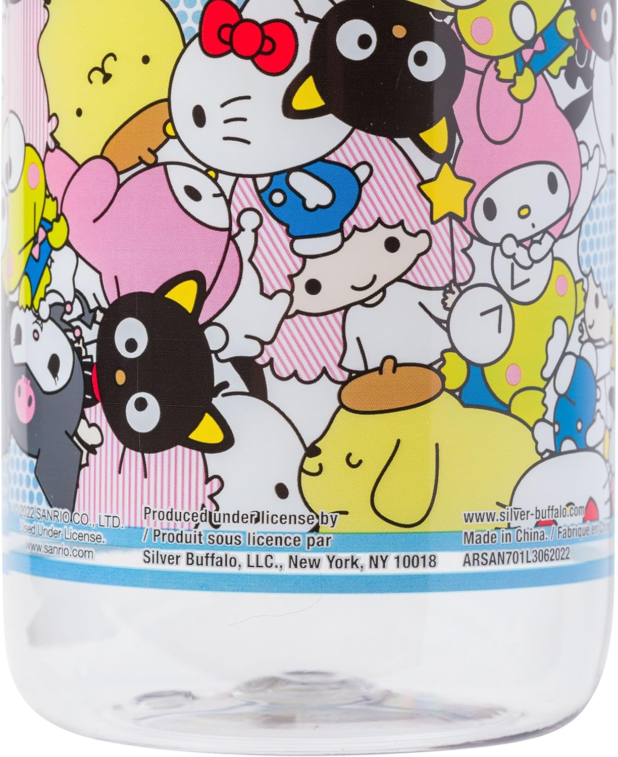 Silver Buffalo Sanrio Hello Kitty and Friends Featuring Badtz-Maru, Keroppi, My Melody, Pochacco, Chococat, Pompompurin, Kuromi, and Little Twin Stars Water Bottle with Screw Lid, 28 Ounces