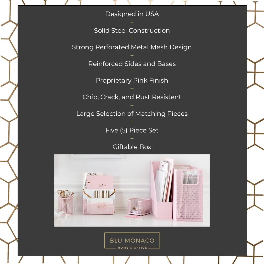 Blu Monaco 5 Piece Pink Office Supplies Desk Organizer Set - with Desktop Hanging File Organizer, Magazine Holder, Pen Cup, Sticky Note Holder, Letter Sorter - Pink Desk Accessories for Women Office image number 3