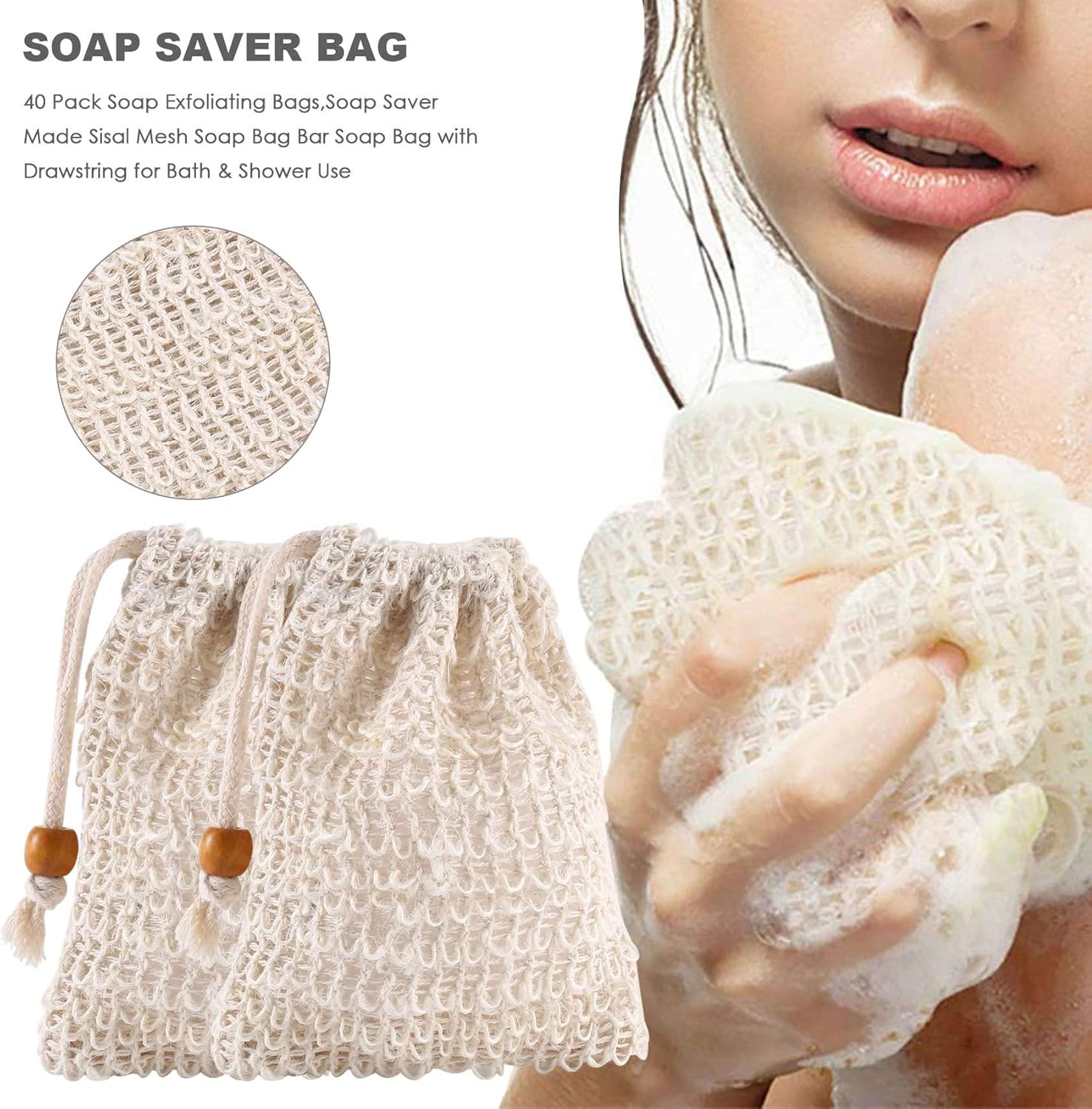 SUNCHSEN 40 Pack Soap Exfoliating Bags,Soap Saver Made Sisal Mesh Soap Bag Bar Soap Bag with Drawstring for Bath & Shower Use