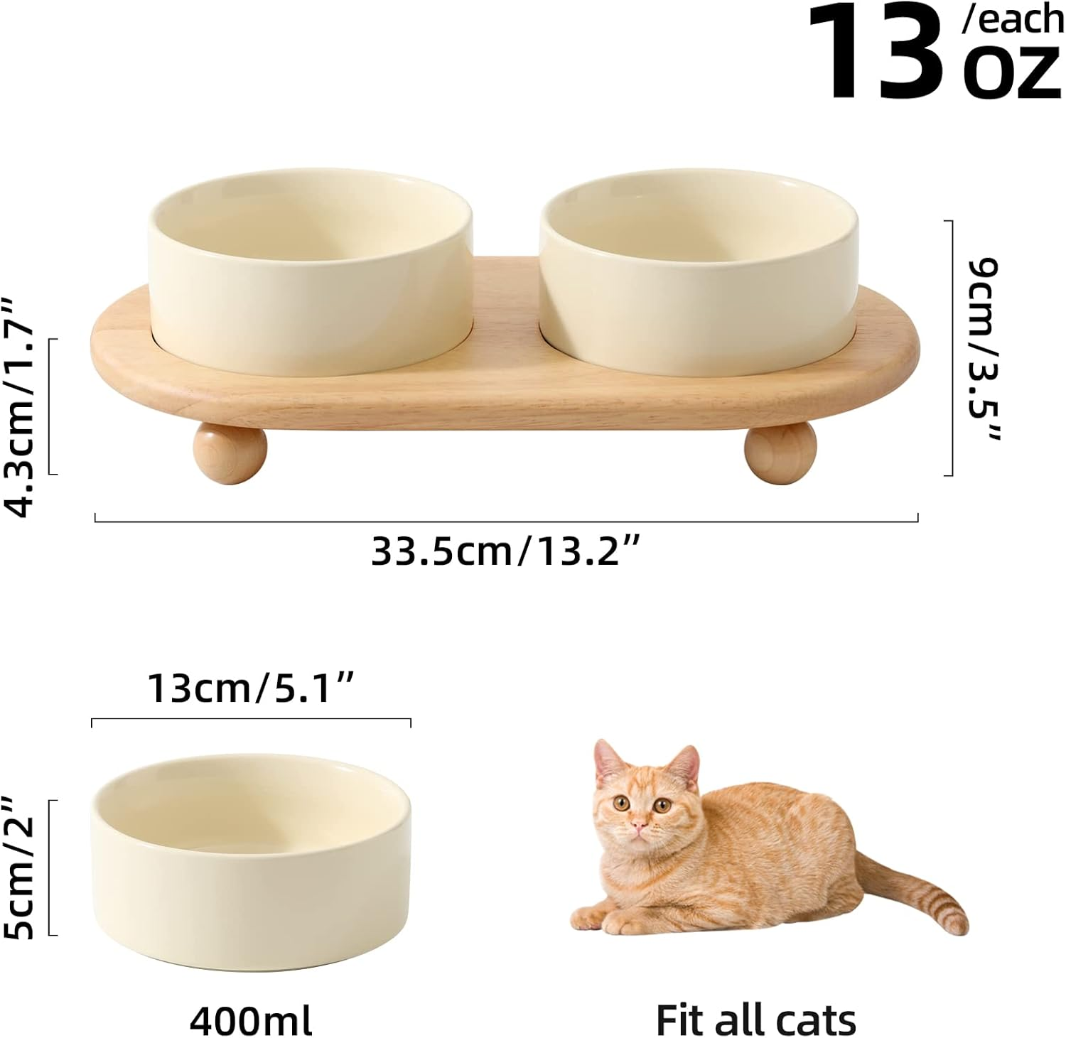 Havniva Ceramic Elevated Cat Food and Water Bowl, Kitty Bowl, Raised Cat Dish, Cat Feeder (2 X Cream White + Stand)
