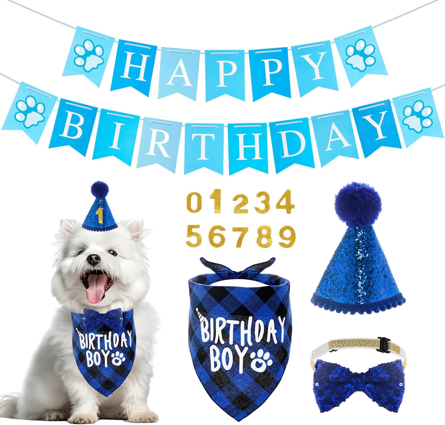 Dog Birthday Hat Bandana Set, 5 Pieces Dog Birthday Bandana Hat with 10 Bling Numbers and Happy Birthday Banner for Small, Medium and Large Dogs, Dog Birthday Decoration image number 4