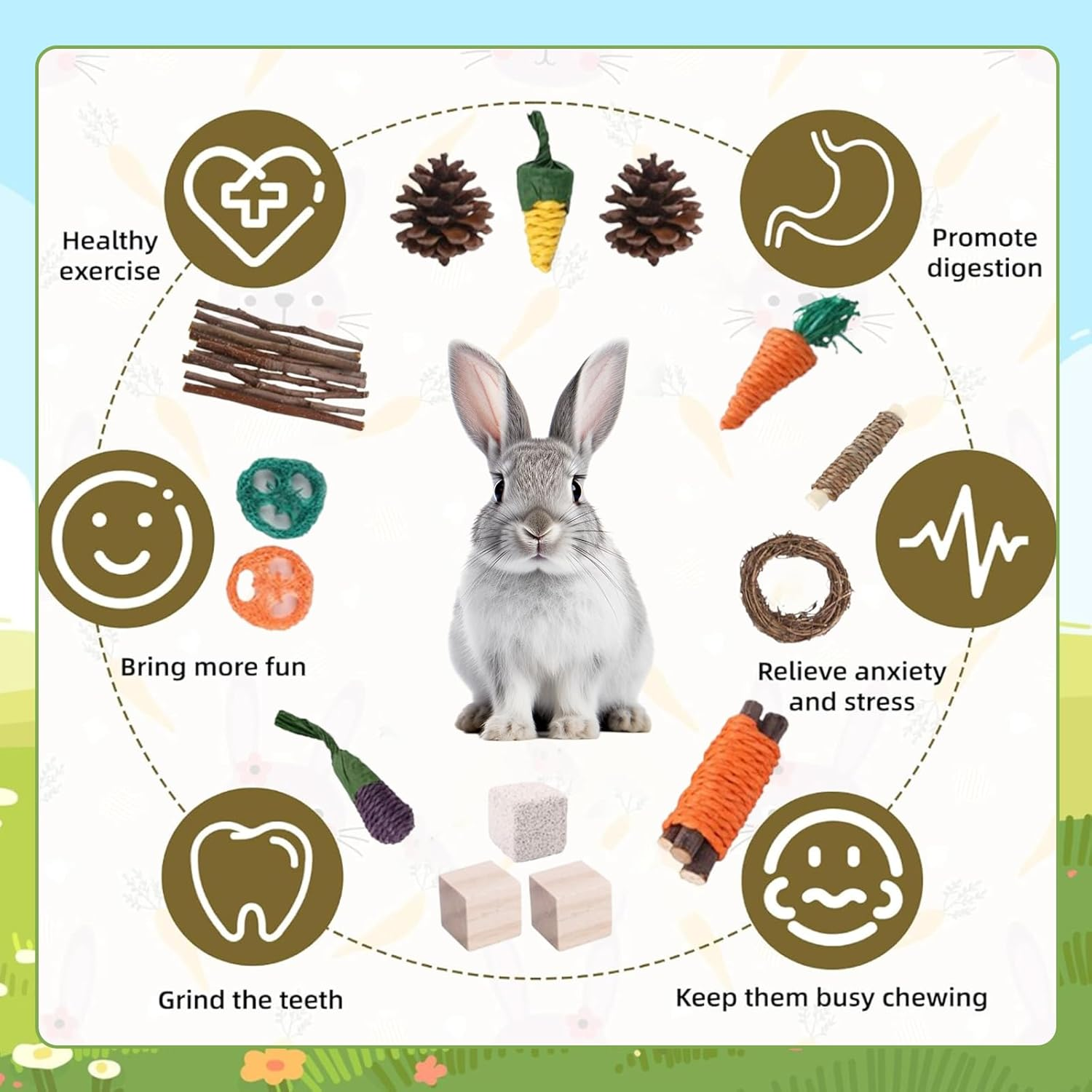 SUSOO Large Rabbit Grass House & Chewing Toy Set &ndash; Foldable Bunny Hideout, Natural Grass Bed,14 Natural Chew Toys with Carrot Shape Rattan, Apple Branch, Pinecone for Hamster, Guinea Pigs&Chinchilla image number 3