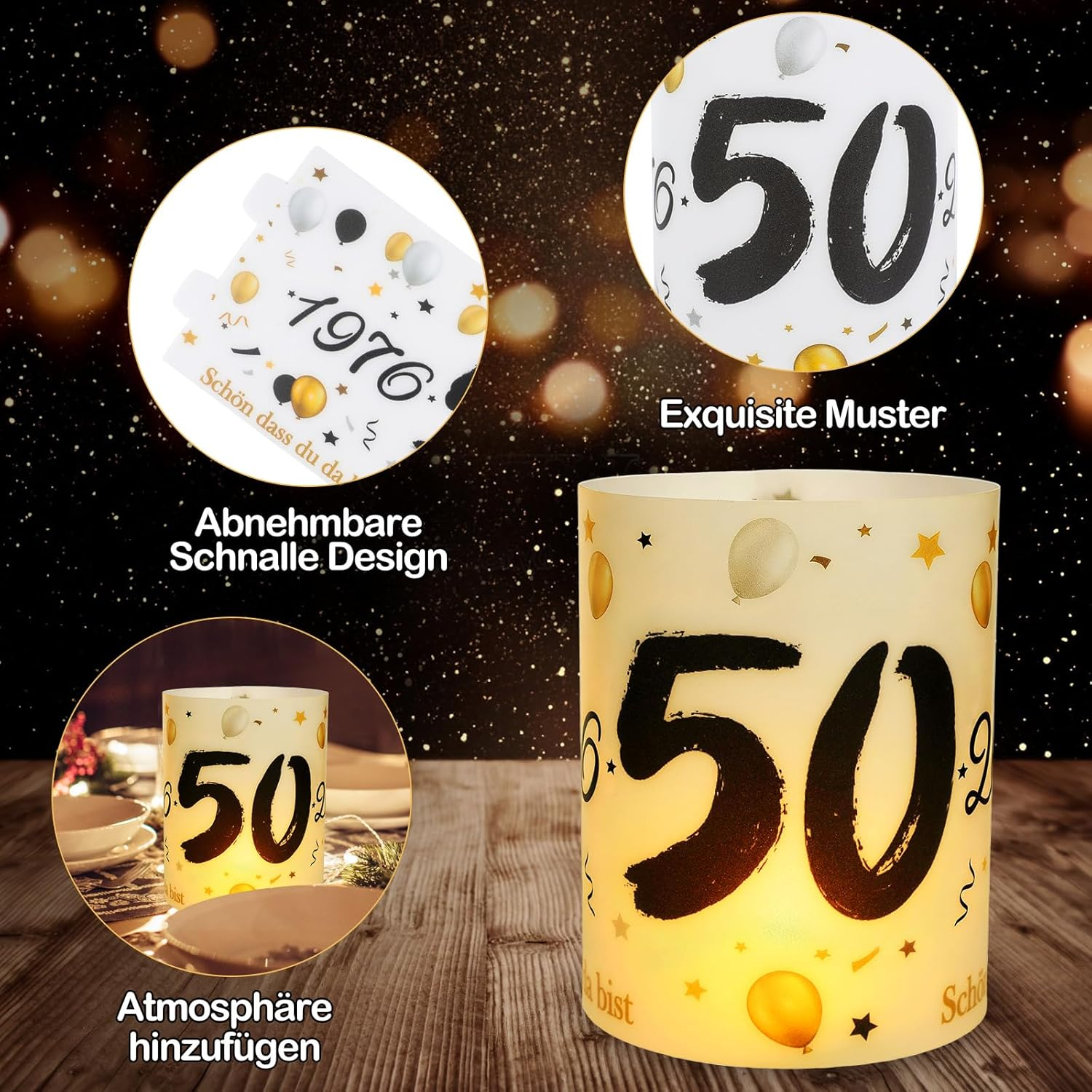 12 Lantern Table Decoration 50Th Birthday, Seutgjie 50Th Birthday Wedding Anniversary Decoration Man Woman 1976-2026 Black Gold for Tea Lights or Candles image number 1