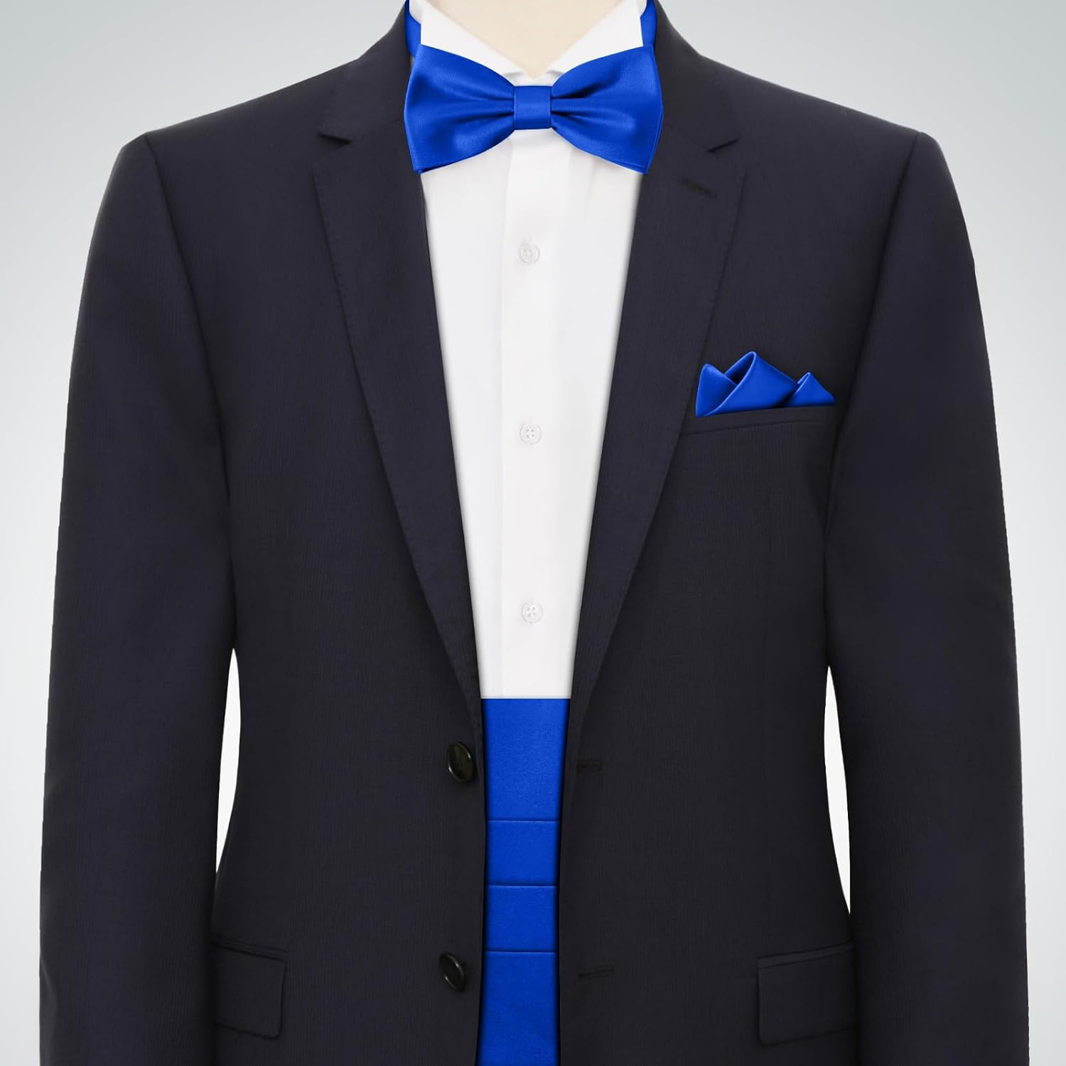 Cummerbund and Bow Tie Set Solid Color Adjustable Formal Men'S Black Cumberbund Bowtie Cufflinks Set & Pocket Squares - Black image number 2