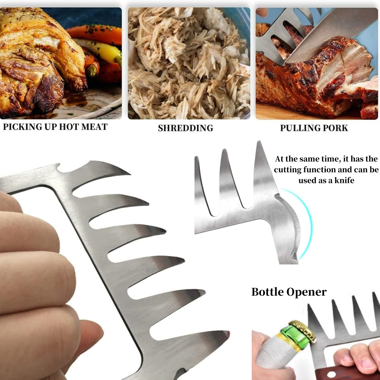 2 Pcs Stainless Steel Forks with Wooden Handle，Stainless Steel Bear Claws Chicken Meat Shredder, Pork Beef Chicken Handles Metal Shredders Pulled Pork BBQ Food Claw image number 4