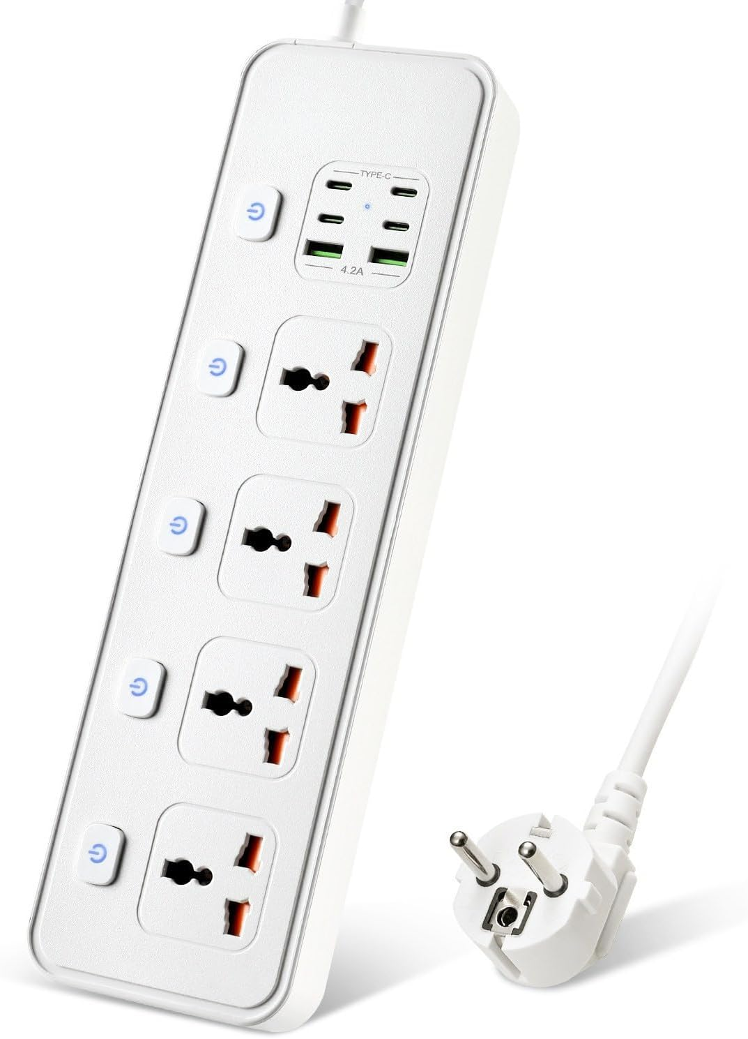 Extension Cable with USB Slots, 4-Way Sockets with 4 USB-C Ports and 2 USB Ports, 3250 W Single Switch, 1.8 M Extension Cable with Protected Power Strips, EU Multi Plug Adapter, White image number 5