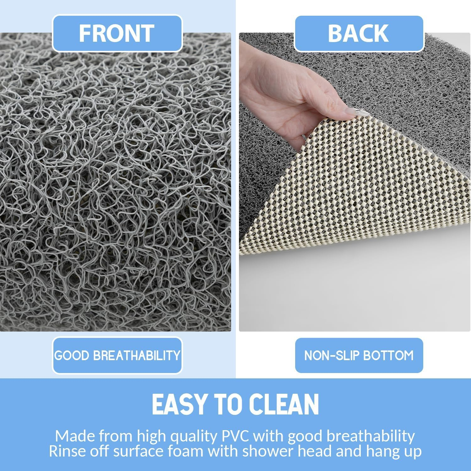 Non-Slip Shower Mat - Comfort Bath Tub Mats with Drain - PVC Loofah Bathroom Floor Mat for Wet Areas - Easy to Clean-Quick Drying (Grey, 40 X 100Cm)