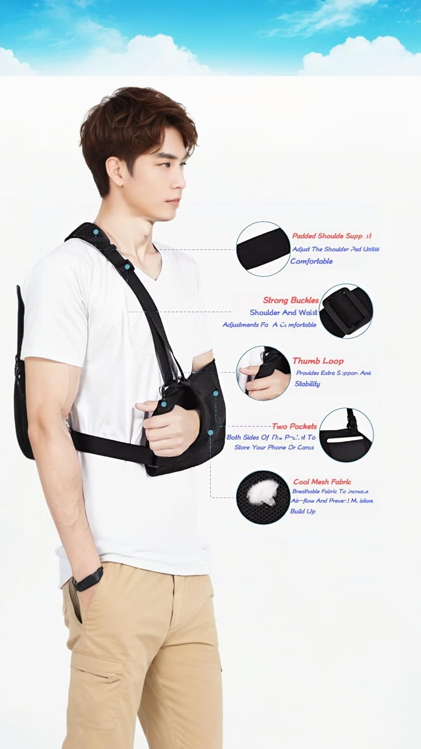 Honwor Mesh Arm Sling with Waist Strap - Breathable Shoulder Immobilizer for Shoulder, Arm, Wrist, and Elbow Injuries - Suitable for Men and Women, Left or Right