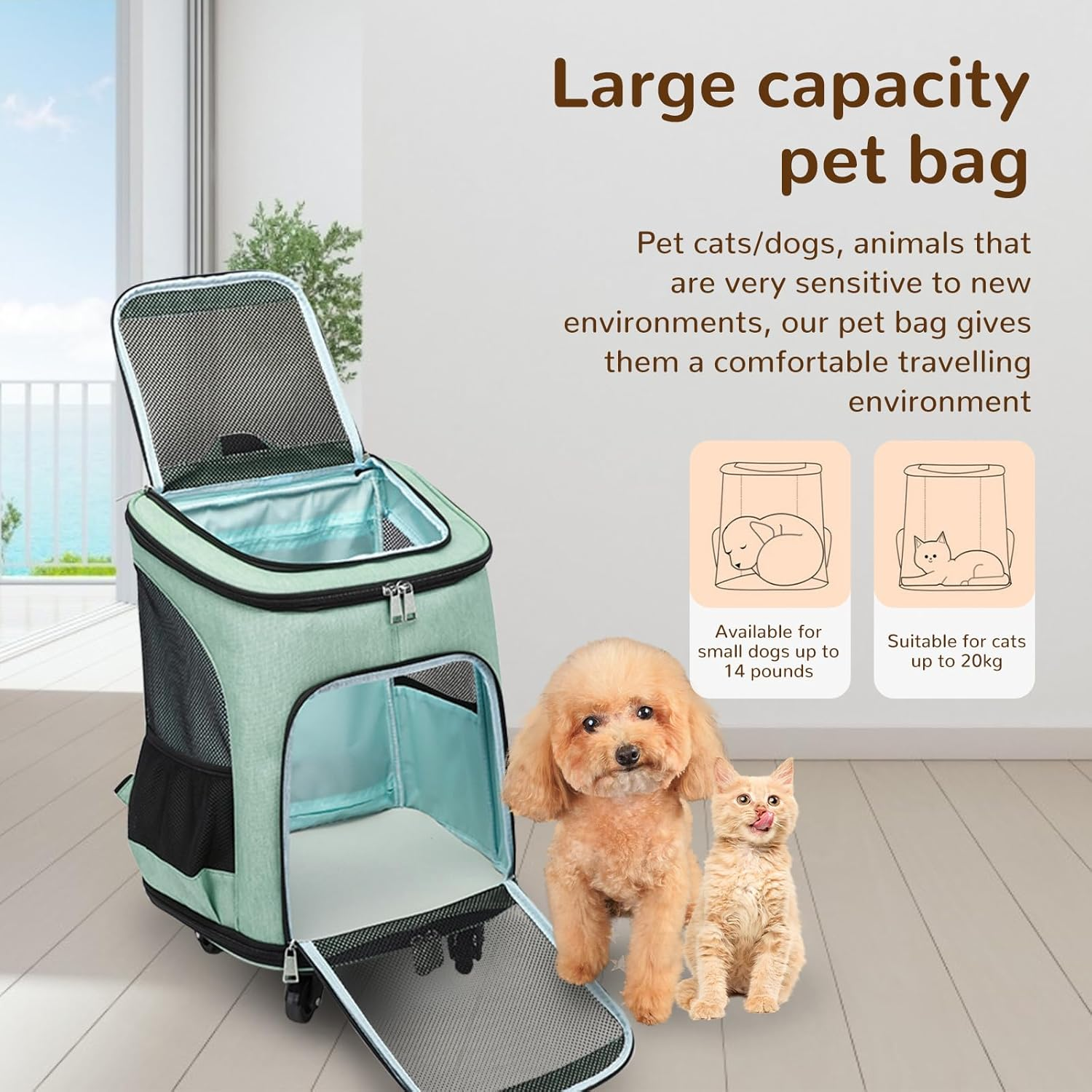 Rolling Pet Carrier, Portable Large Capacity Breathable Pet Carrier with Low Noise Wheels, Side Pocket anti Scratch Cat Backpack for Travel (Green) - Orange image number 3