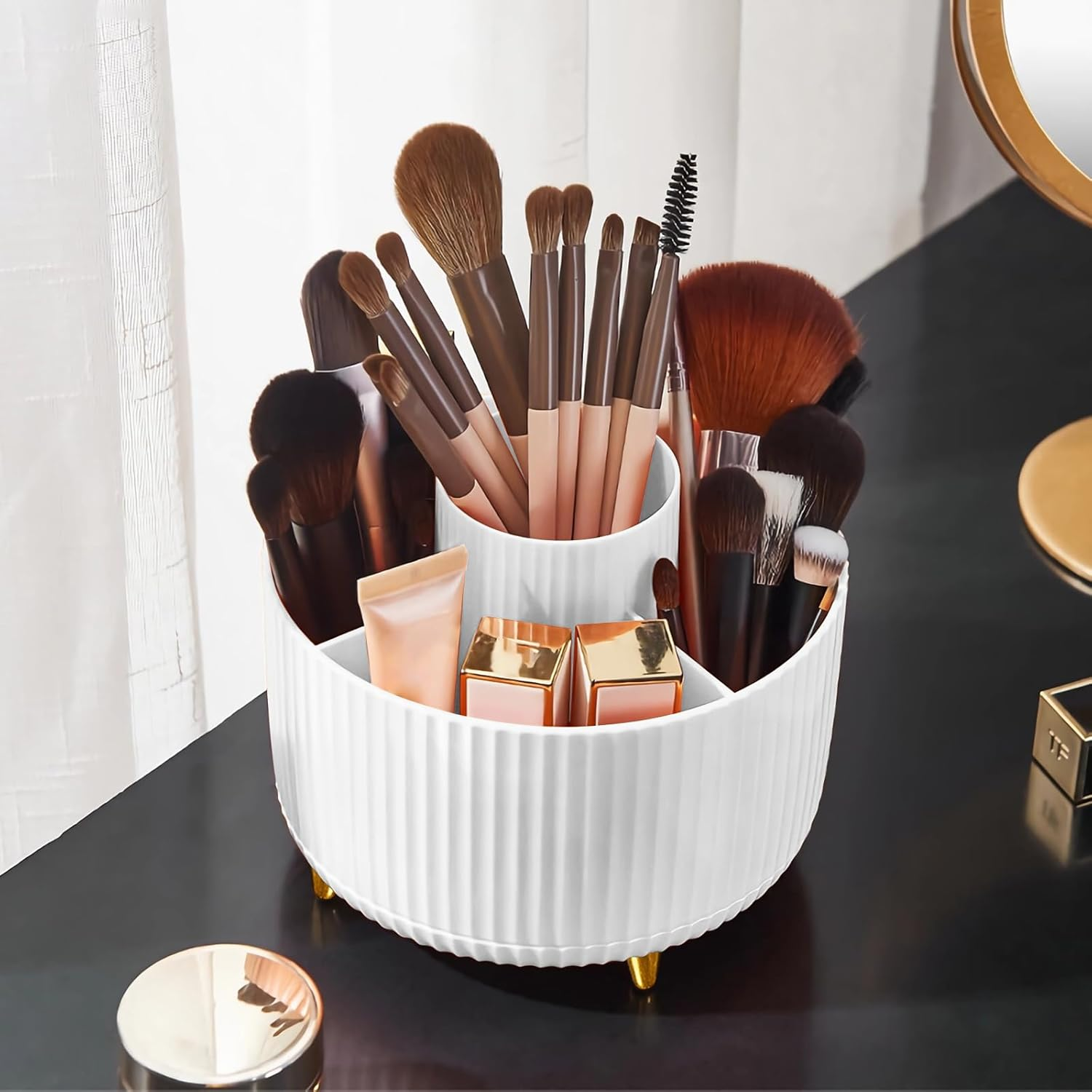 Diesisa Makeup Brush Holder Organizer,360&deg; Rotating Makeup Brush Organizer,5 Slot Make up Brushes Cup for Cosmetics, Nail Polish, Art Supply, Bathroom Vanity Desktop Organizer - White - Blue image number 6