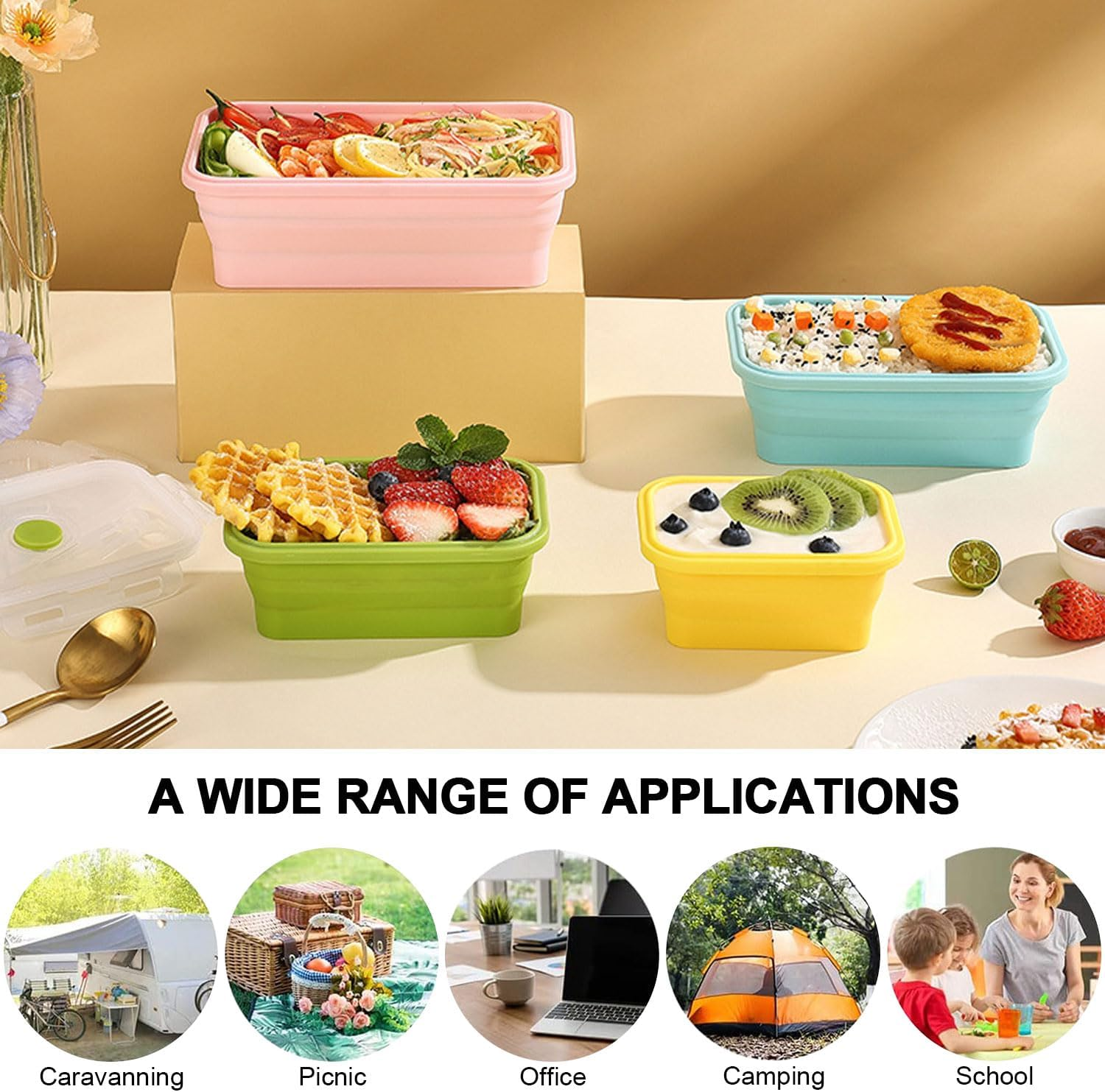 4-Pack Collapsible Food Containers, Silicone Storage Set with Lids, Silicone Lunch Bento Box, Microwave & Dishwasher Safe, 350/500/800/1200ML image number 6