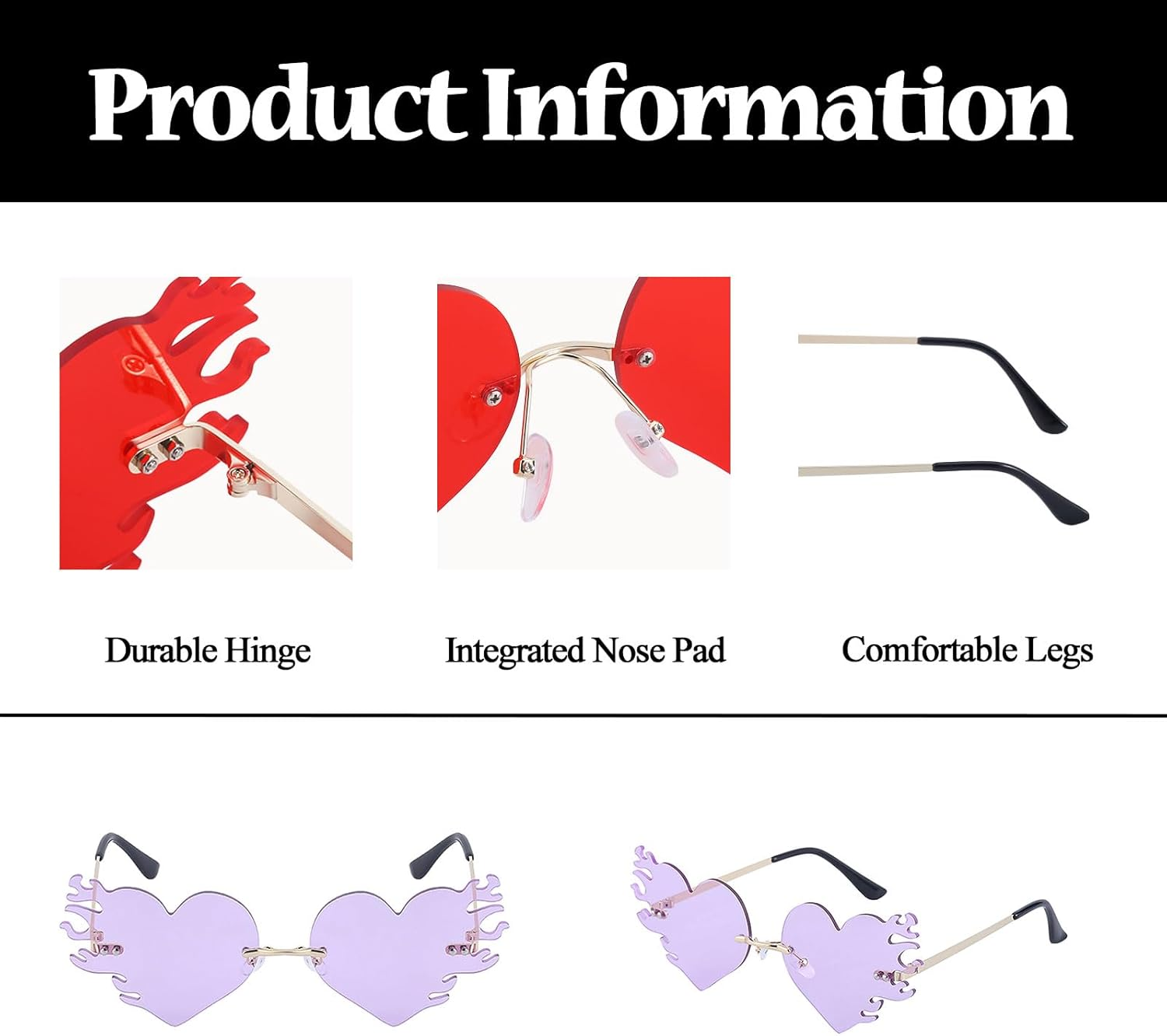 LJCZKA Heart Sunglasses with Flames Women Men Rimless Sunglasses Rave Hippie Glasses Halloween Party Festival Unisex - Red image number 4