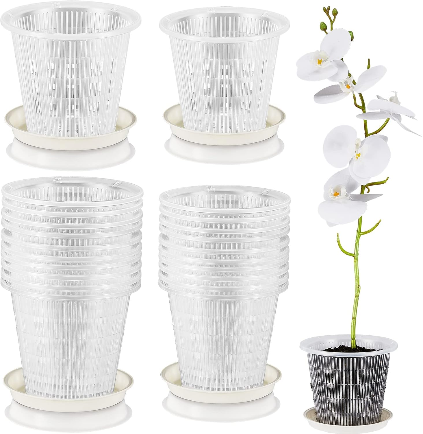 Amyhill 20 Pcs Clear Orchid Pot with Holes and Saucers Orchid Breathable Slotted Pot 4.3 Inch and 5.5 Inch Clear Plastic Plant Net Pots Nursery Pots with Trays for Indoor Plant