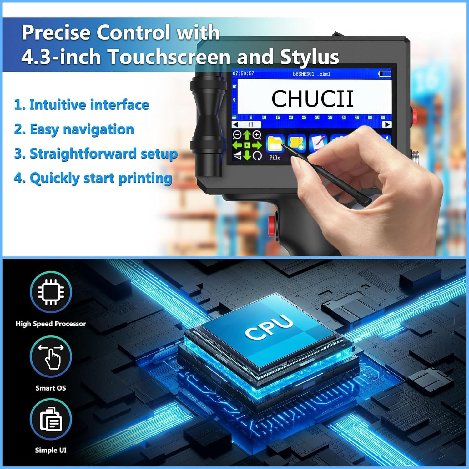 CHUCII Handheld Inkjet Printer, Hand Held Printer with 42Ml Quick-Drying Ink Cartridge, for Text Qrcode Barcode Date Time Logo Batch Number Print on Metal Wood Glass Cloth Carton Plastic image number 1