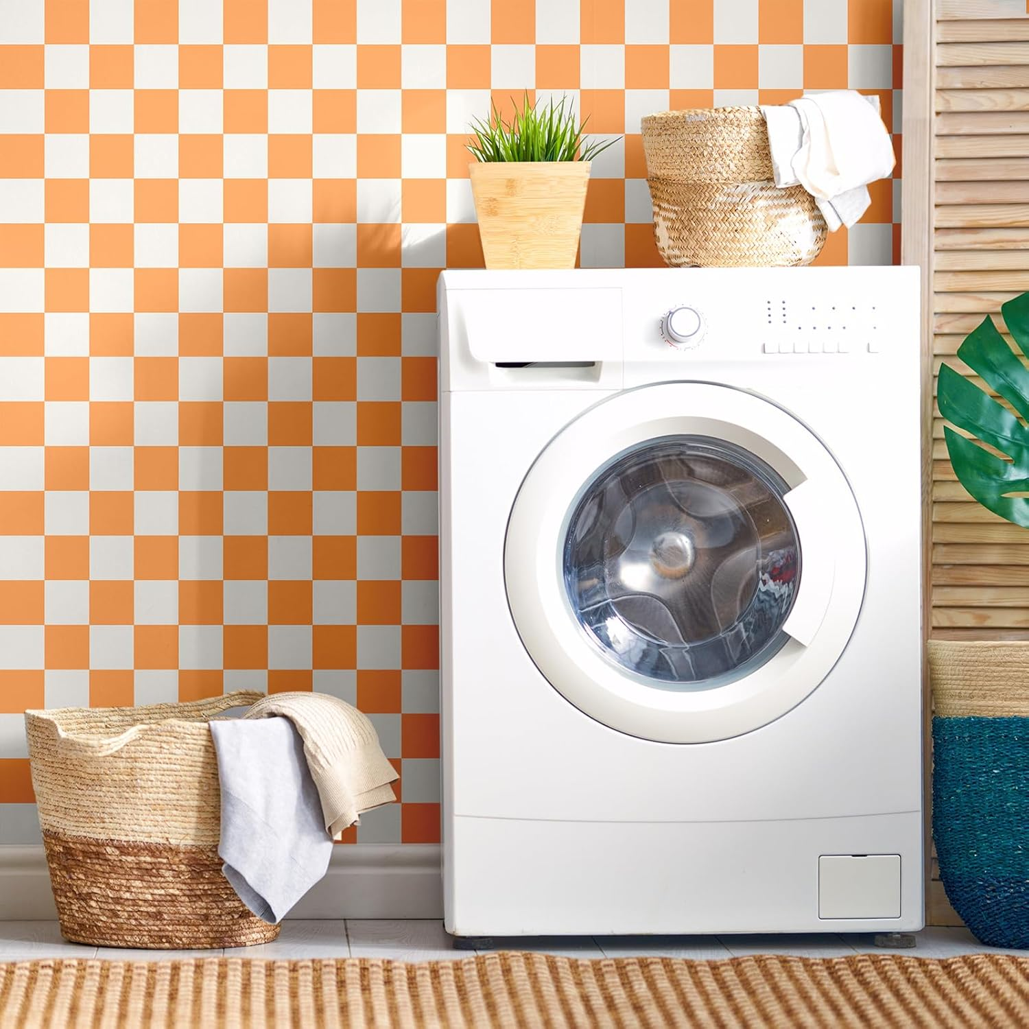 Retro Checkered Peel and Stick Wallpaper 70S Funky Checkered Contact Paper Geometric Waterproof Wallpaper Neutral Checkerboard Decor for Bathroom Cabinet(Orange,16.4' X 15.75'') image number 4