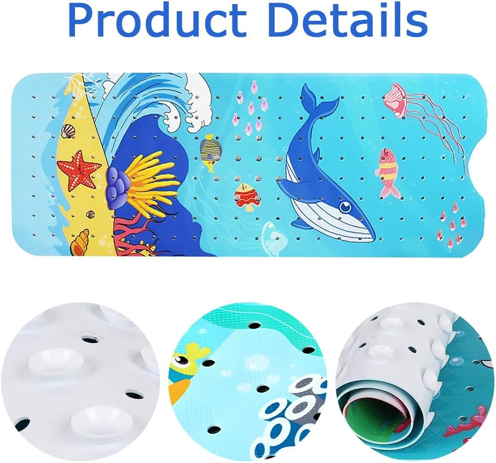 Bath Mat, Cartoon Non-Slip Bathtub Mat with Suction Cup Drain Holes, Bath Shower Mat Massage Mat Floor Tub Mats Machine Washable for Bathroom 100X40Cm(Blue Whale) image number 5