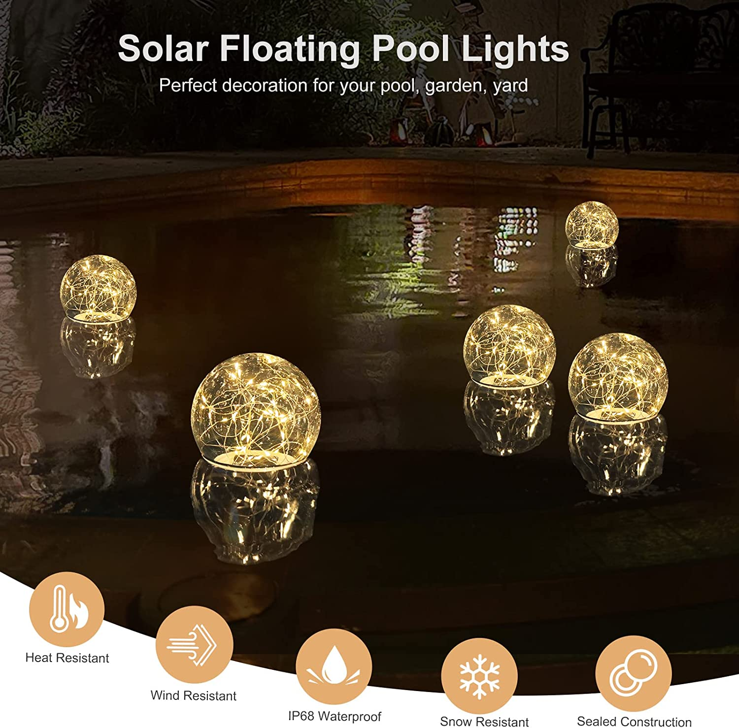 LENONE Floating Pool Lights Solar Powered, 6.9" Warm White Light up Solar Pool Lights That Float, Waterproof Solar Globe Lights for Pool, Updated Floating Pool Balls for Yard Patio Party Decor - 2PCS image number 2