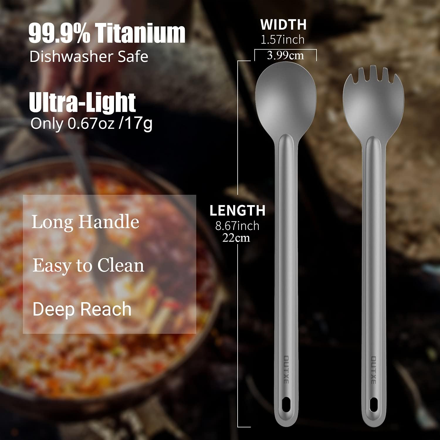 OUTXE Titanium Long Handle Spork and Spoon, 8.7" Soup Spoon, Camping Spork and Spoon, Eco-Friendly Coffee Spoon, Spork and Spoon Set image number 2