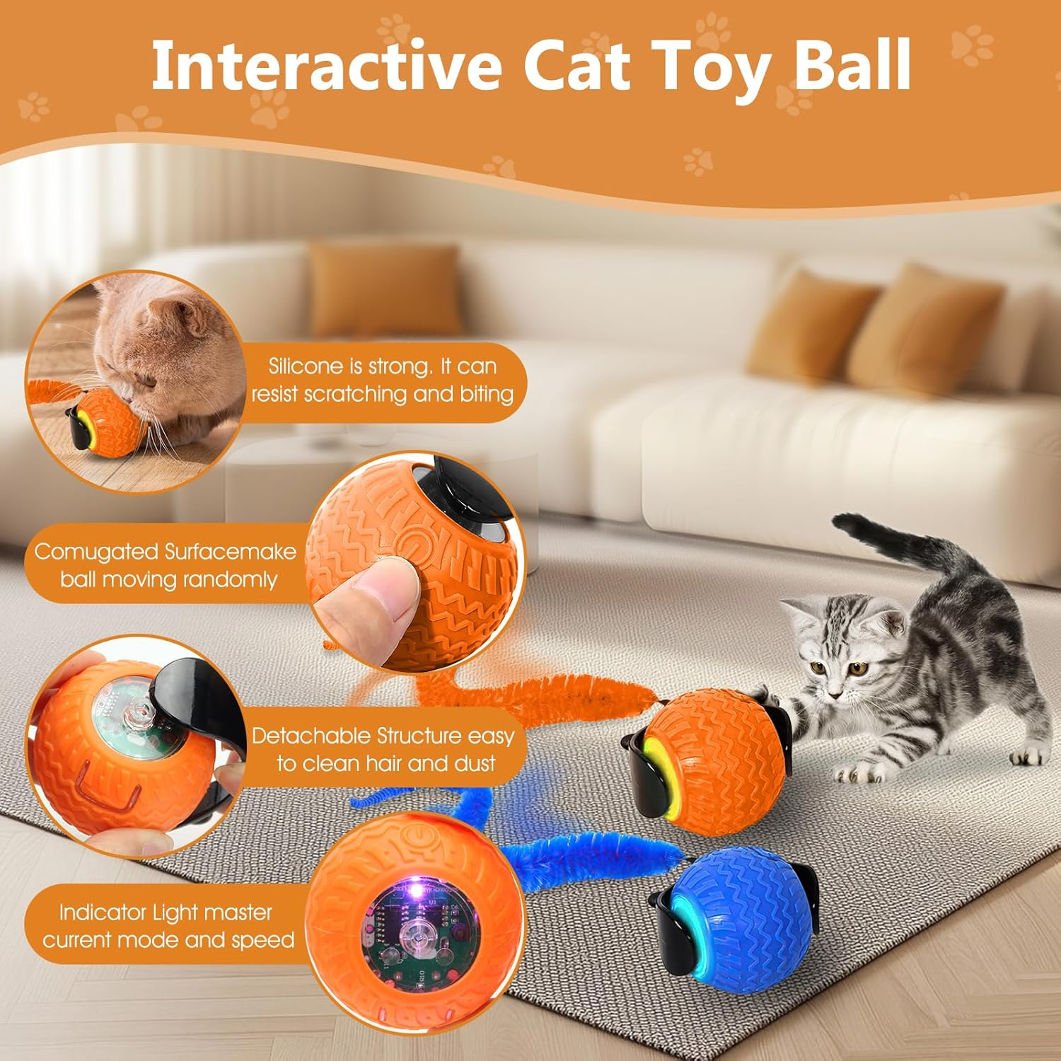 2Pcs Interactive Cat Toy for Indoor Cats, Speedy Ball with Tail, Automatic Moving Cat Balls for Bored Indoor Adult Cats, 360&deg;Automatic Rolling Ball Toy, Two Speed Adjustment（Orange&Blue）
