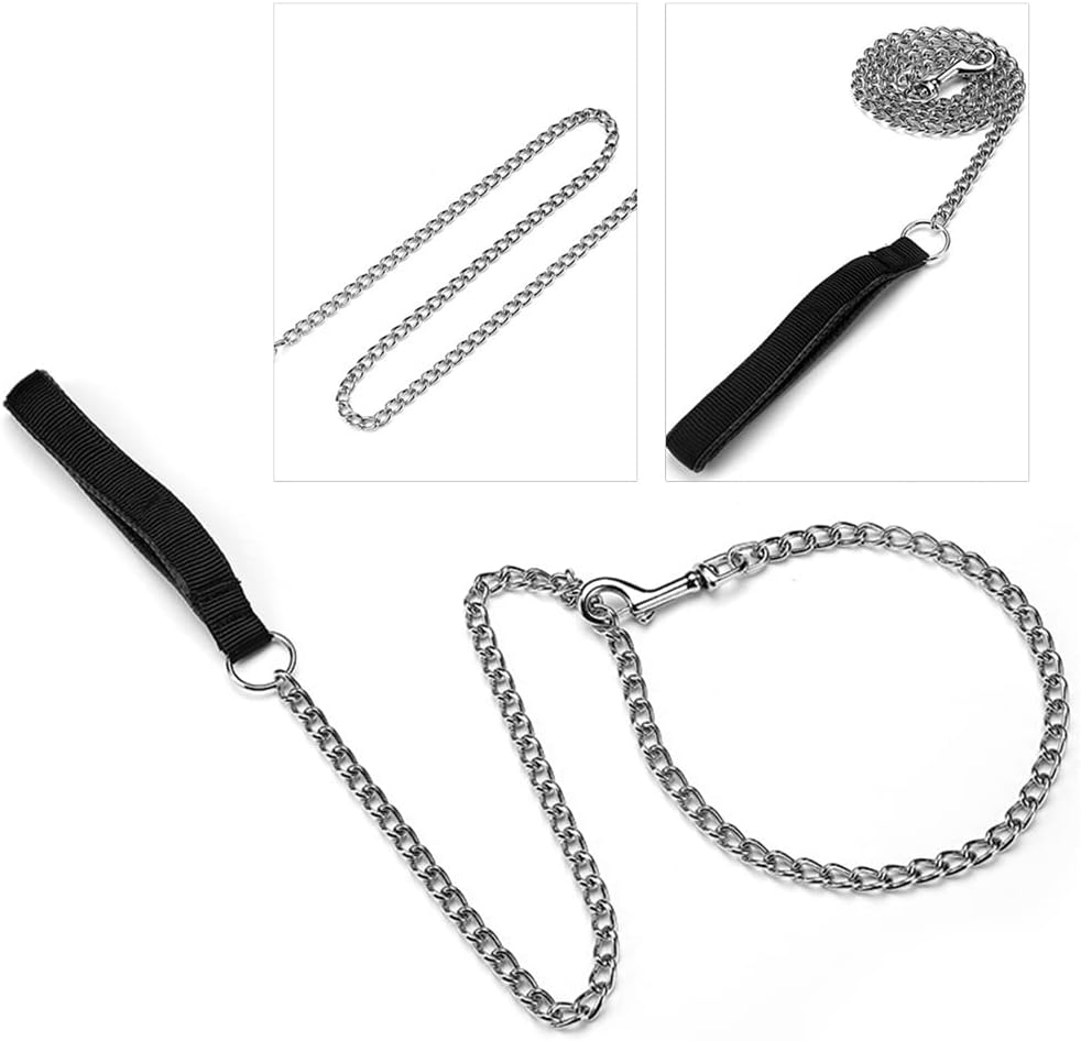 Pet Dog Chain Leash Lead 120Cm Chew Resistant Metal Leash Soft Leather Handle AU (Blue)