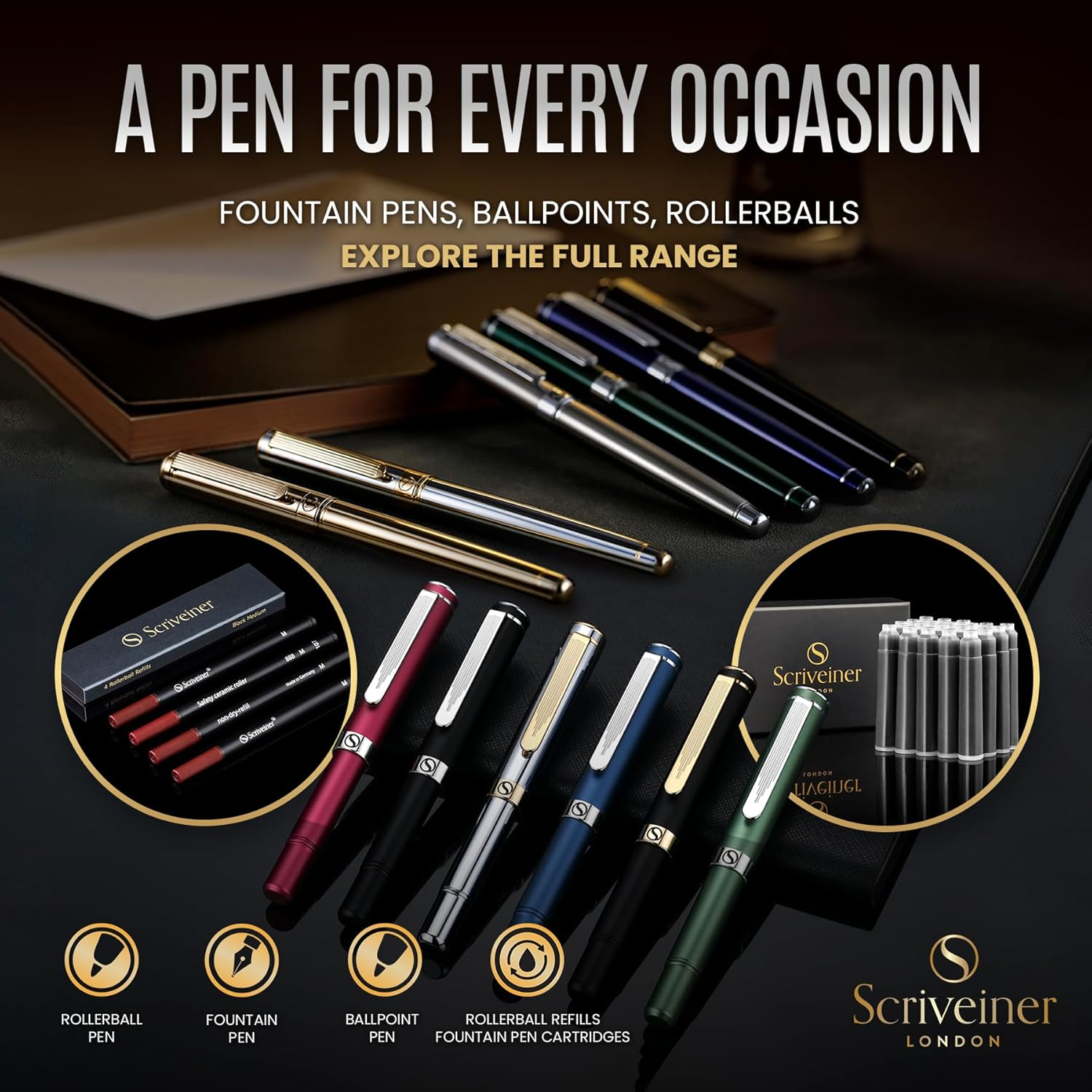 Scriveiner British Racing Green Rollerball - Stunning Luxury Pen with Chrome Finish, Schmidt Ink Refill, Best Roller Ball Pen Gift Set for Men & Women, Professional, Executive Office, Nice Pens image number 1