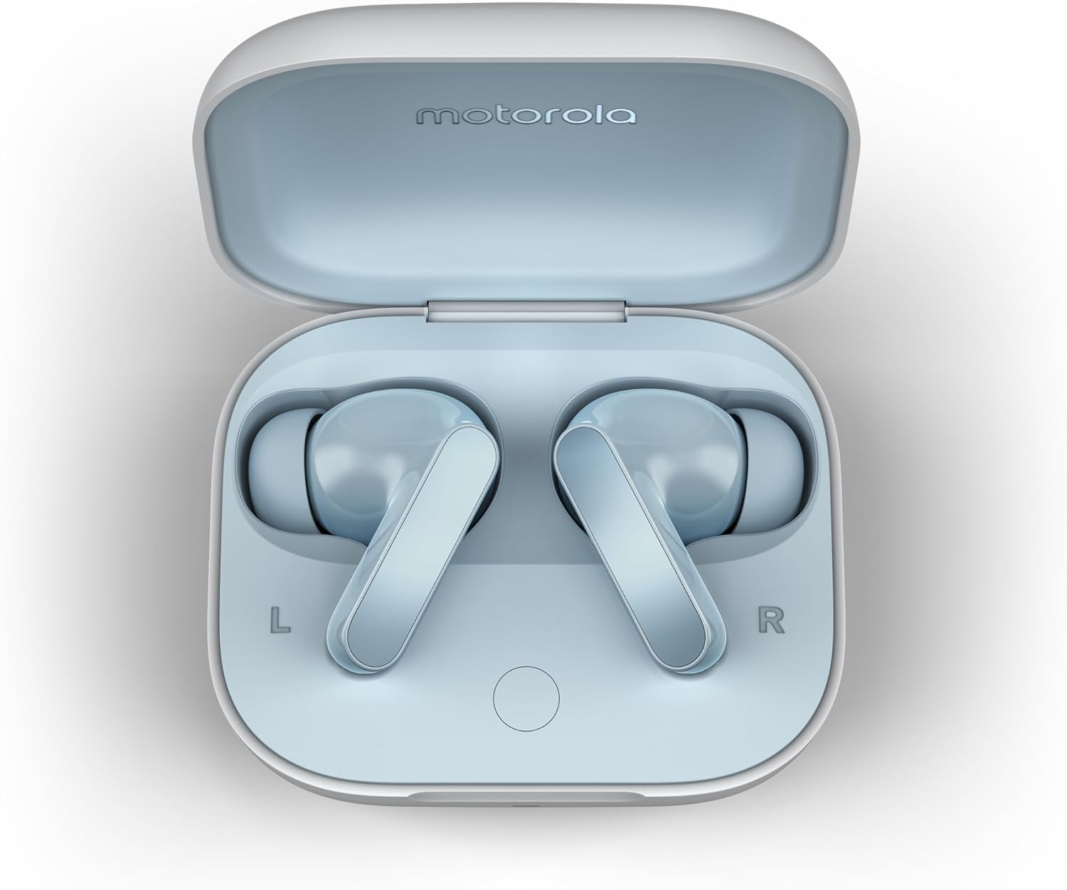 Motorola Moto Buds (Bluetooth 5.3 Earbuds, Hi-Res Sound, Dolby Atmos, Active Noise Cancellation, Wireless Charging, up to 42 Hours Battery Life, 3-Way Microphone System) Starlight Blue