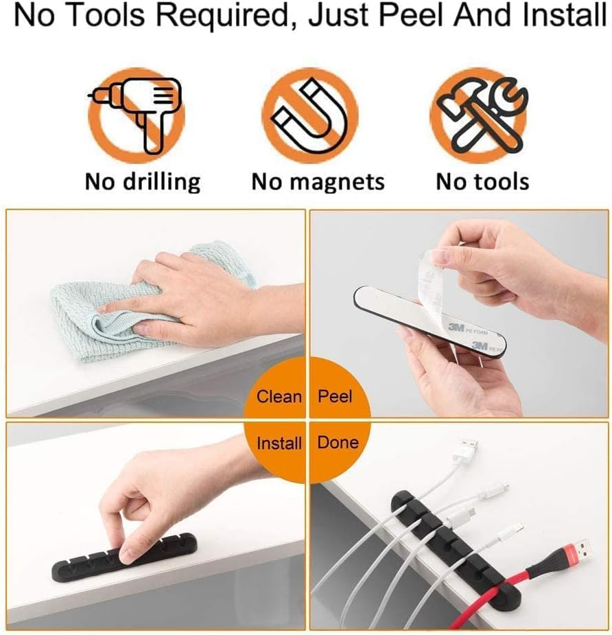 Cable Organizer Clips Cord Holder - 5 Packs Self Adhesive Cable Management for USB Cable/Power Cord/Wire, Car and Desk, Home and Office Black Cord Organizer image number 2