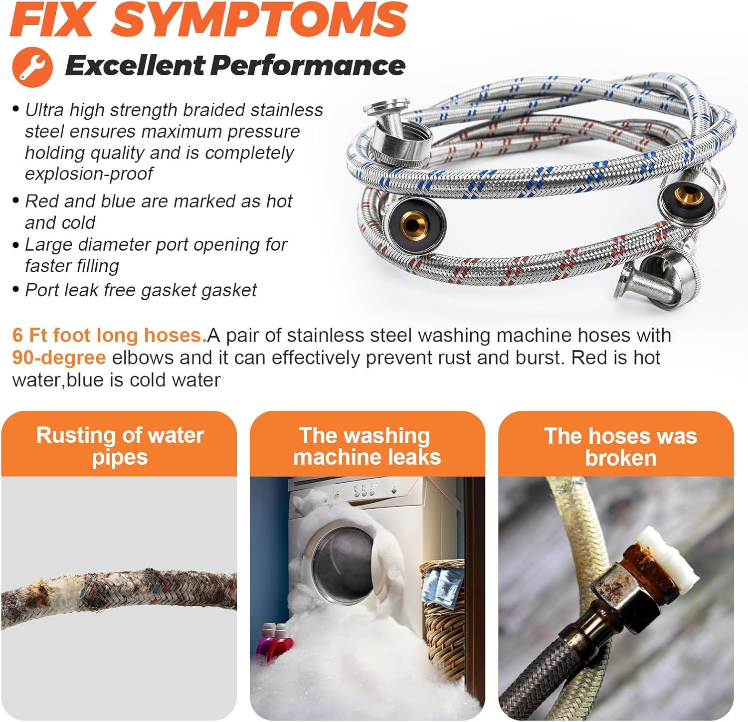 6FT Washer Stainless Steel Hoses with 90 Degree Elbows by Beaquicy - Burst Proof 3/4" FHT Standard Thread - 2 Pack Red and Blue Braided Hoses for Hot and Cold Water Supply - 10 Year Warranty image number 3