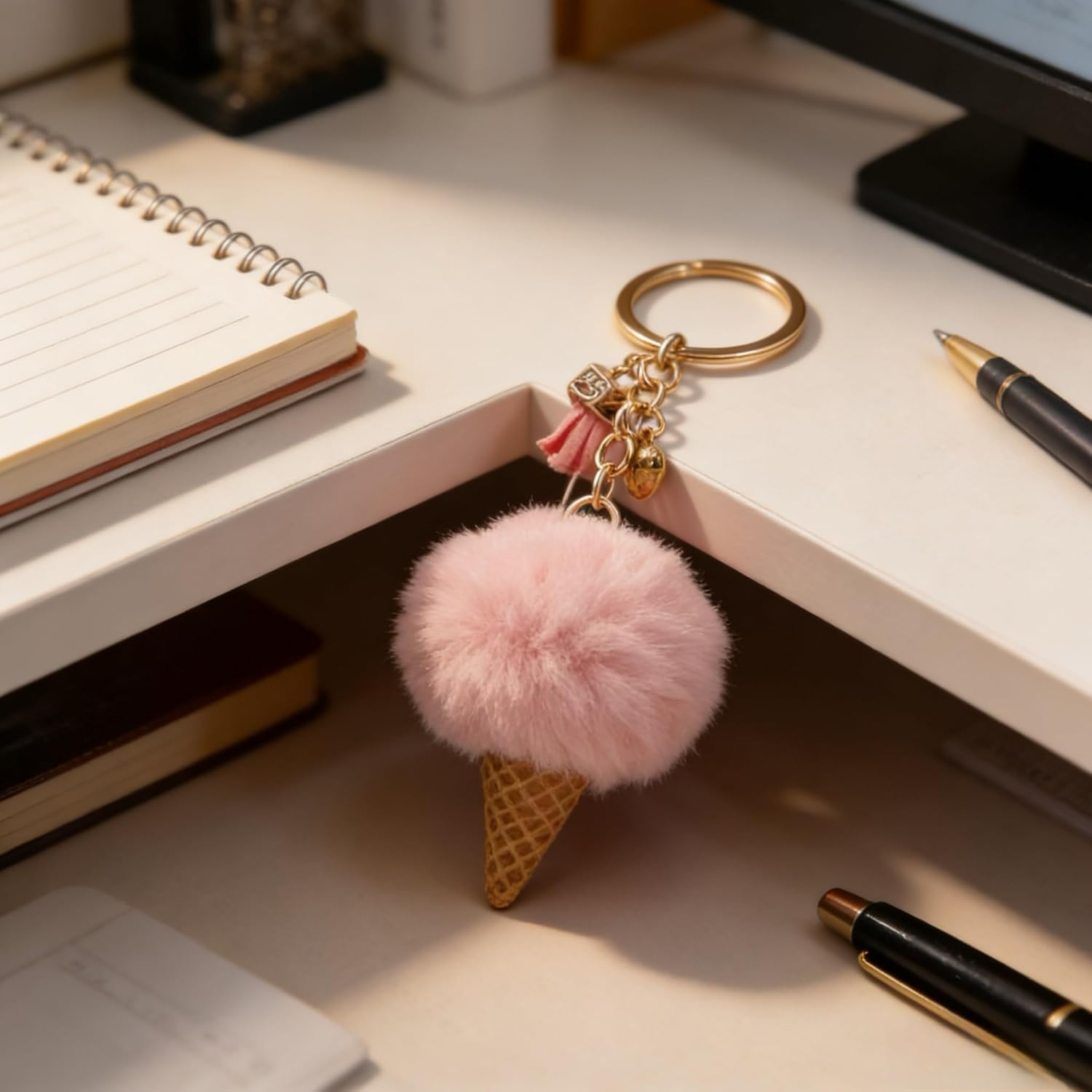 Kzhuim Soft Plush Ice Cream Keychain - 10 Color Dessert Pendant Charm for Bags, Backpacks, Women, Kids (4.5Cm, 14.5Cm Total)