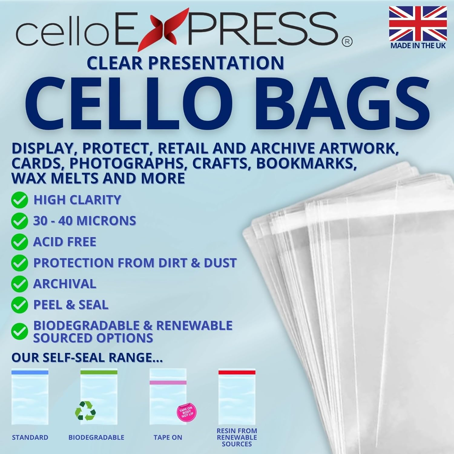 Celloexpress Multi C6-130Mm X 165Mm plus 40Mm Self Seal Flap - 30 Micron Cellophane Clear Display Bags for Holding up to 10 C6 Cards & Envelopes - Small Cello - Pack of 100