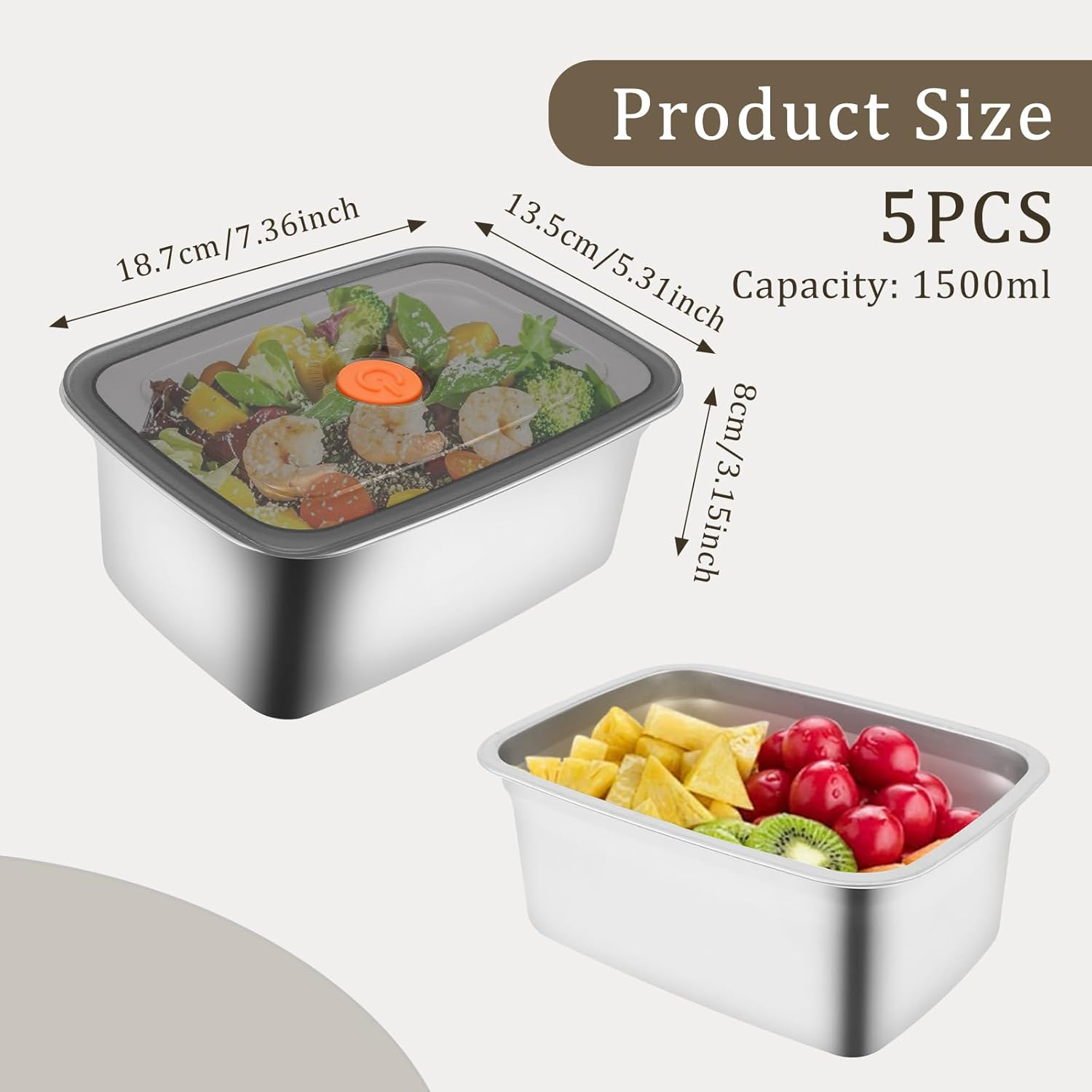 5 PCS Stainless Steel Food with Lid, 1500Ml/2500Ml Crisper Box for Fridge Fruit Container Airtight Kitchen Box for Vegetable Meat Cookie (1500ML) - 1500Ml image number 5