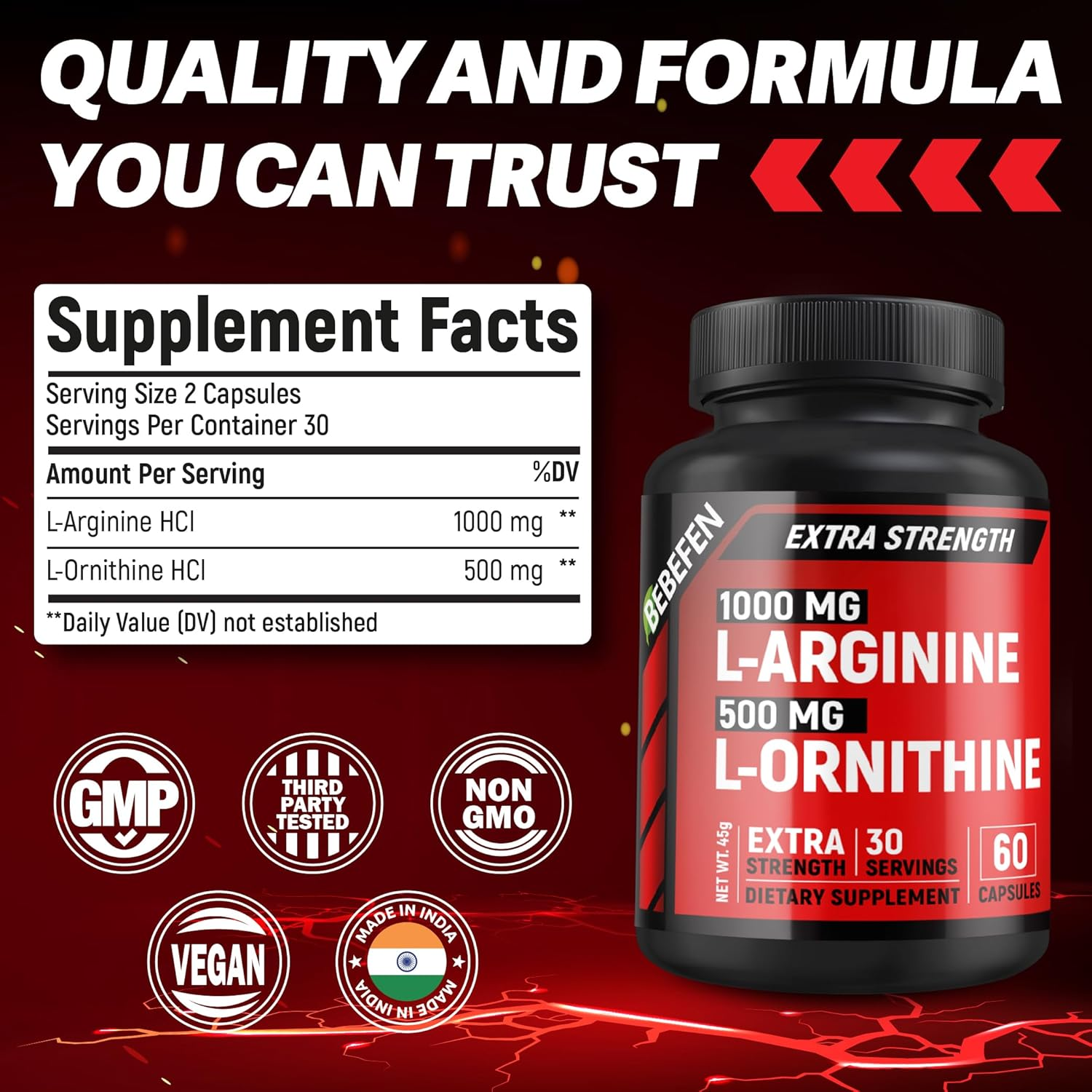 L-Arginine Hcl 1000 Mg + L-Ornithine Hcl 500 Mg &ndash; 60 Vegetarian Capsules &ndash; Supports Healthy Circulation image number 4