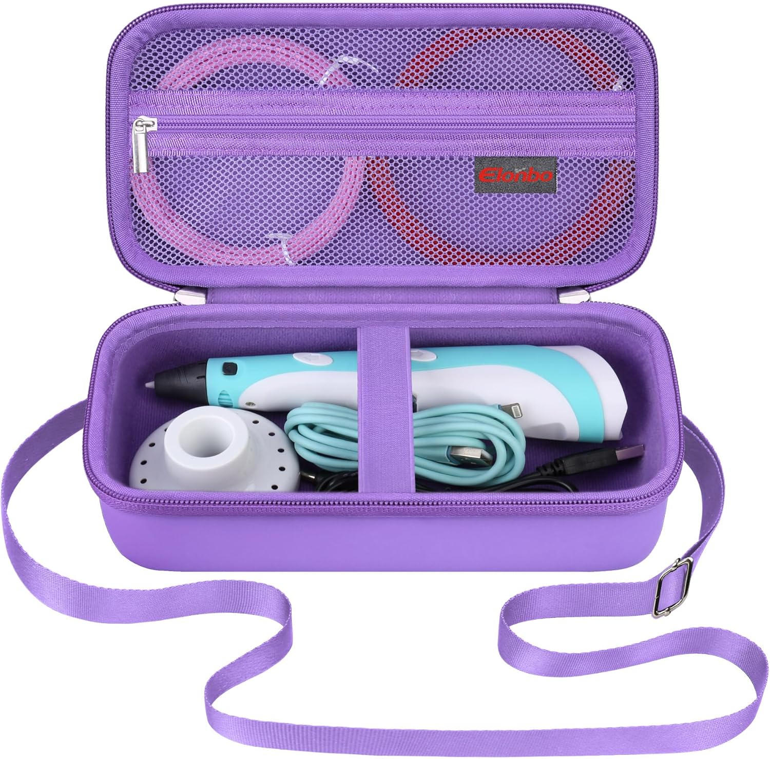 Elonbo Hard Case for SCRIB3D P1 3D Printing Pen/For 3Doodler 3D Pen Set for Kids, 3D Pen Case Travel Holder with Shoulder Strap, Mesh Pocket Fits Pen Filament, Charger and Cable, Purple (Case Only)