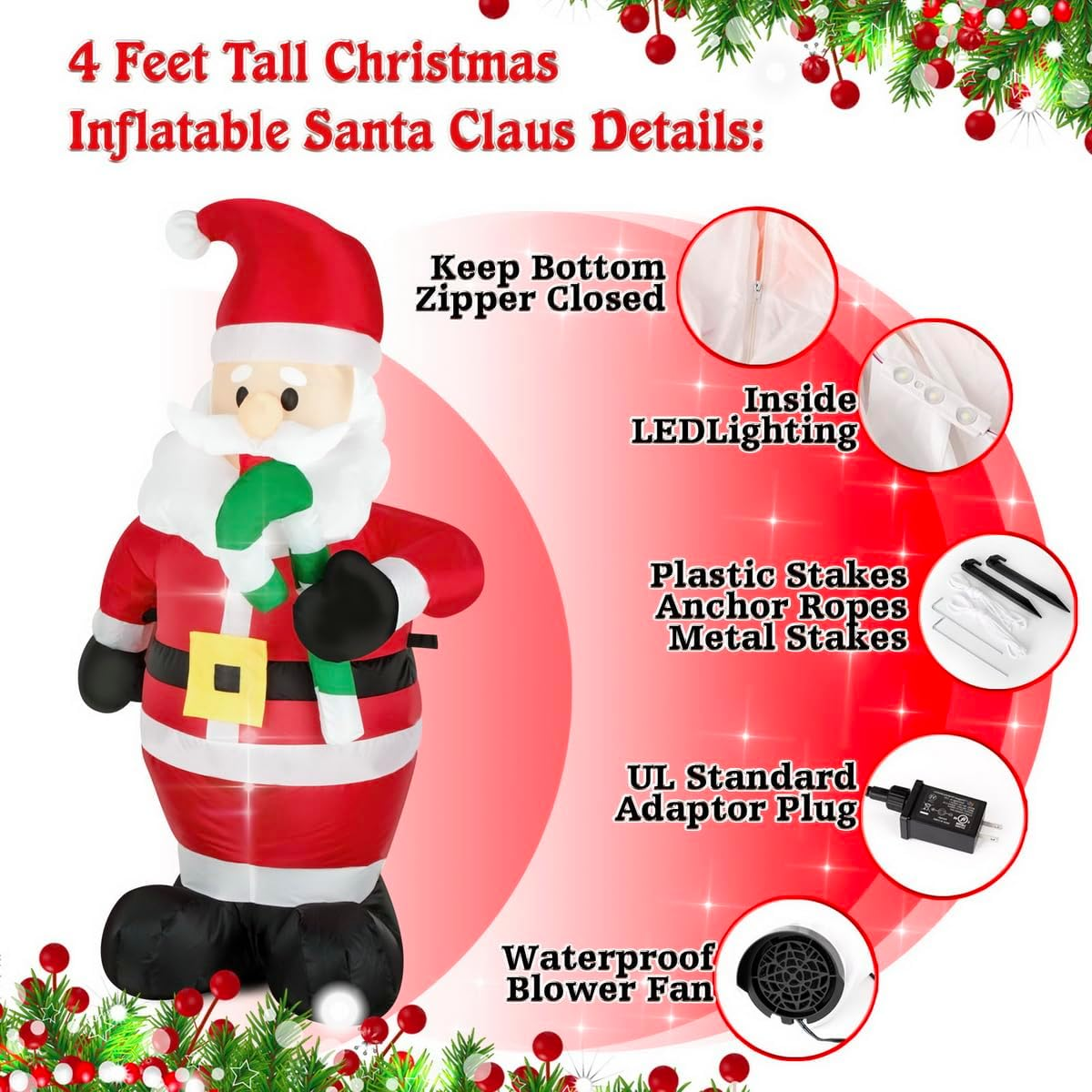 Christmas Inflatables Santa Claus Holds Green Candy Cane Lighted Inflatable Christmas Garden Yard Lawn Decoration with Built in Fan and Anchor Ropes 4 Feet Tall image number 3